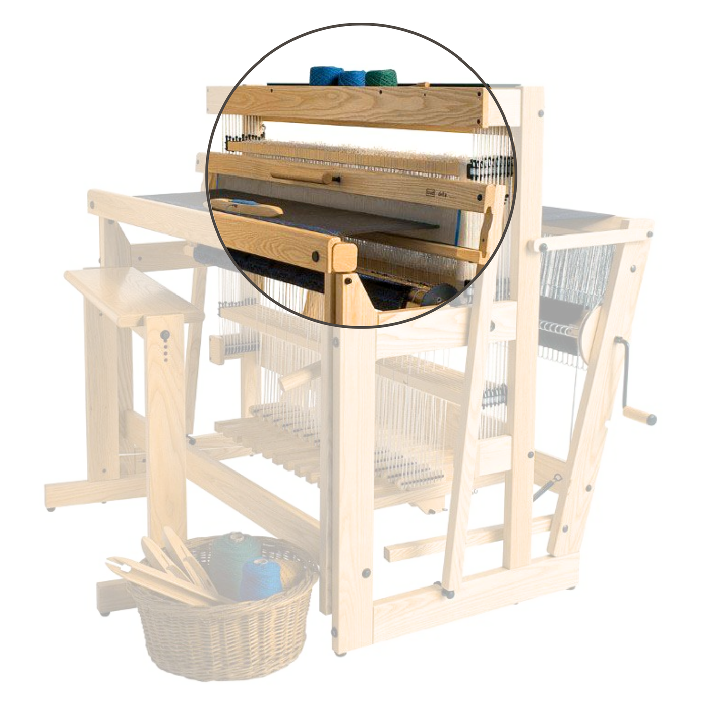Louet Delta Floor Loom with 4-Shaft Extension Kit highlighted — close-up view of added shaft frames for expanding weaving capacity to 12 shafts.