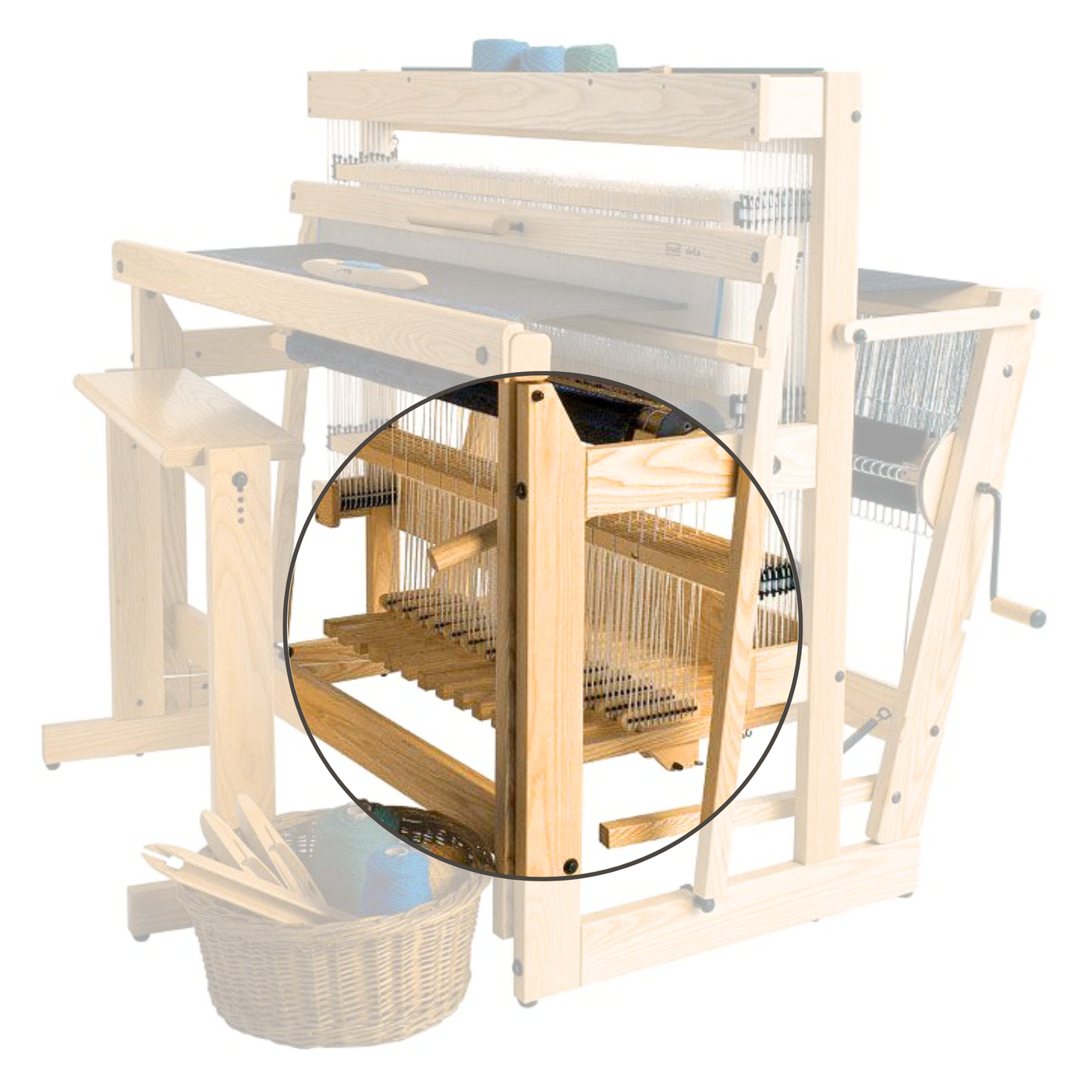 Close-up of Louet Delta Floor Loom 4 Shaft Conversion Kit highlighting the added shaft frames inside the loom structure, showing enhanced weaving capacity.