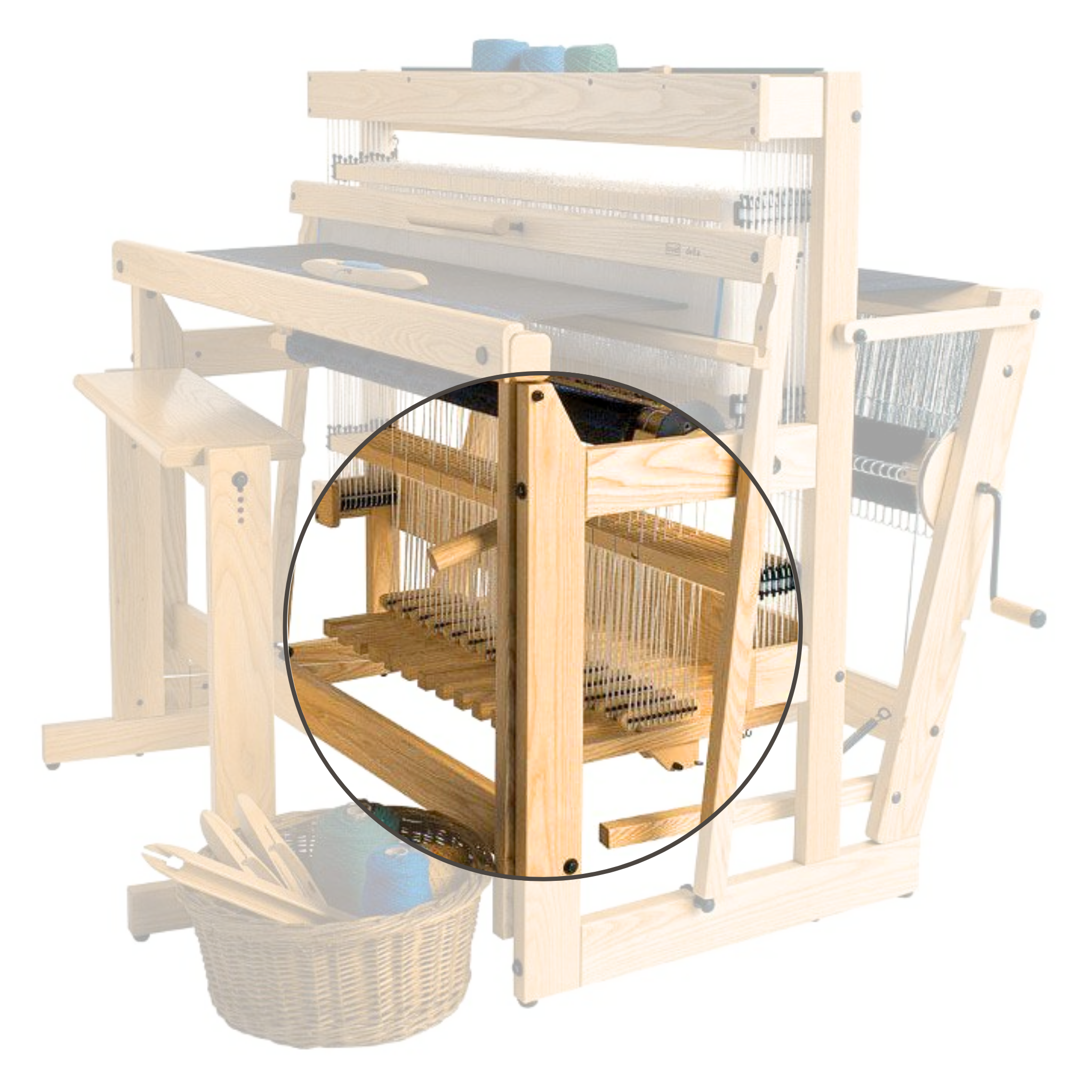 Close-up of Louet Delta Floor Loom 4 Shaft Conversion Kit highlighting the added shaft frames inside the loom structure, showing enhanced weaving capacity.