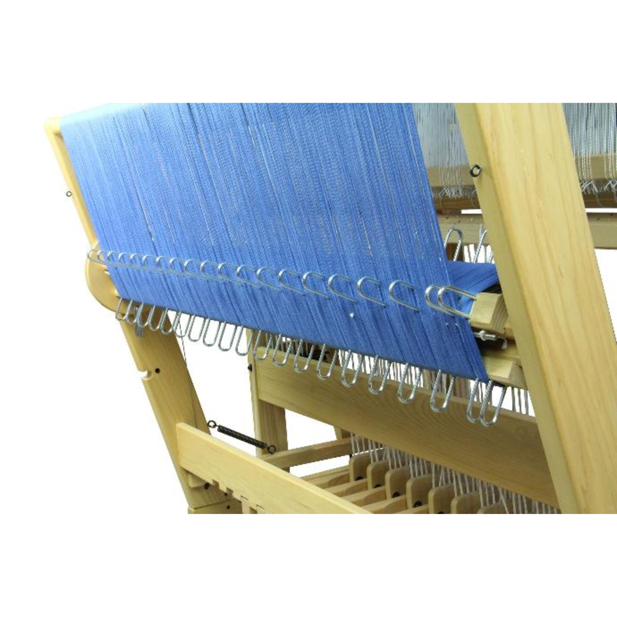 Louët Delta Floor Loom with blue warp under tension on floating breast beam