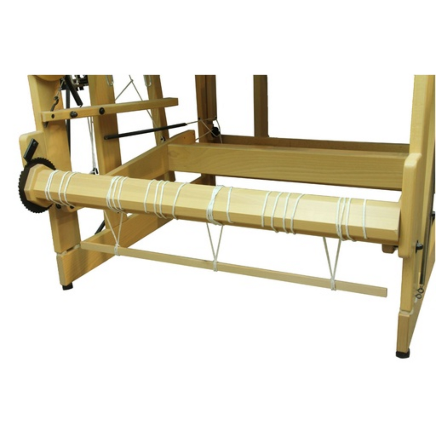 Back view of Louet Delta Second Warp Beam showing independent ratchet and pawl tension system for supplementary warp control on floor loom.