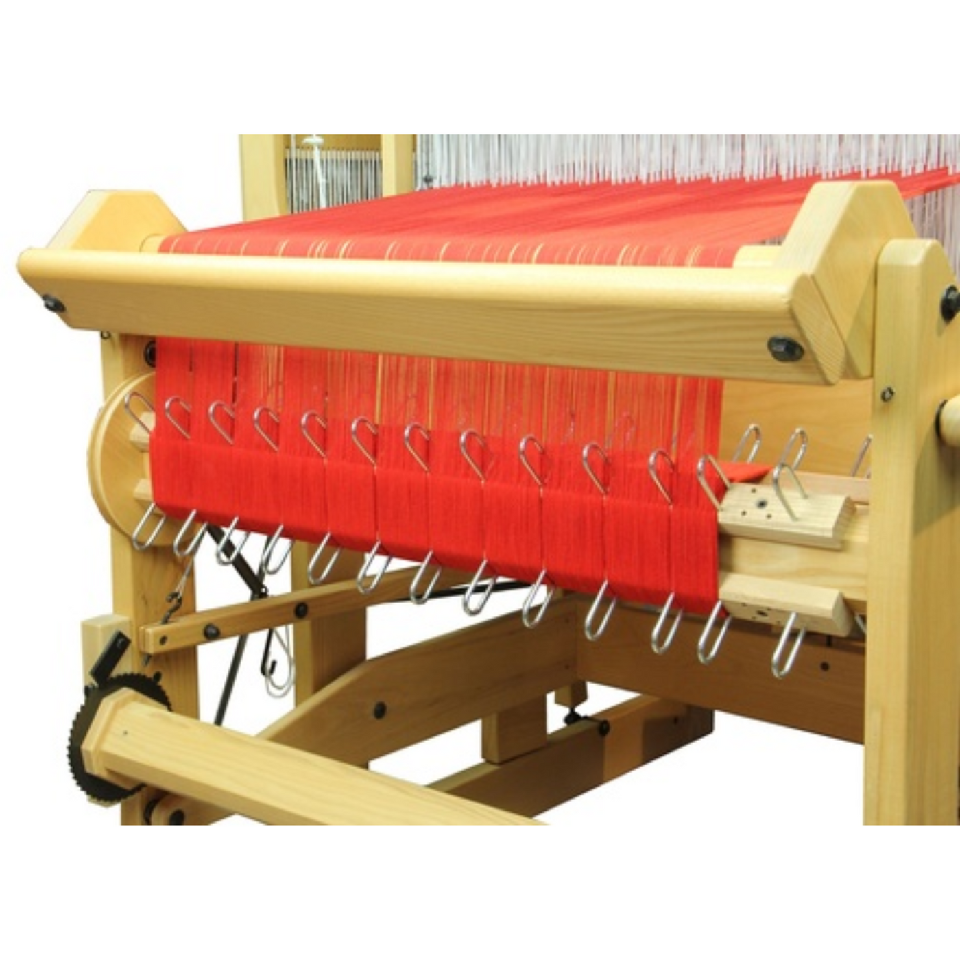 Front view of Louet Delta Second Warp Beam with red warp threads, demonstrating advanced multi-tension weaving capability.