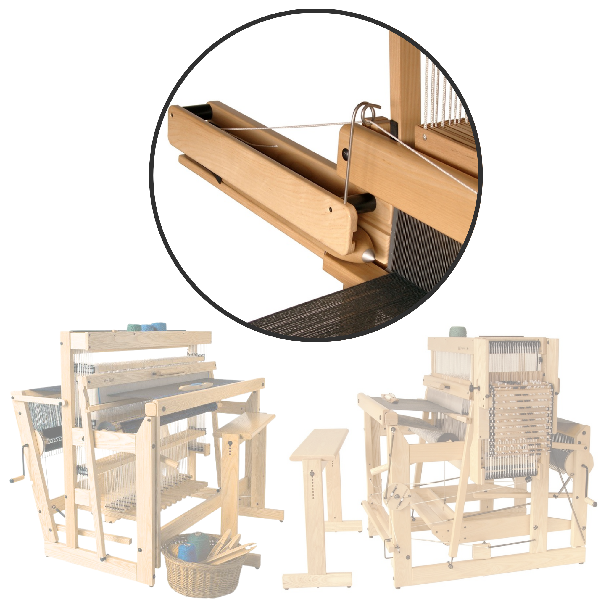 Louet Fly Shuttle Device installed on Delta or Megado Loom with shuttle race close-up – professional weaving accessory for wide warp projects.