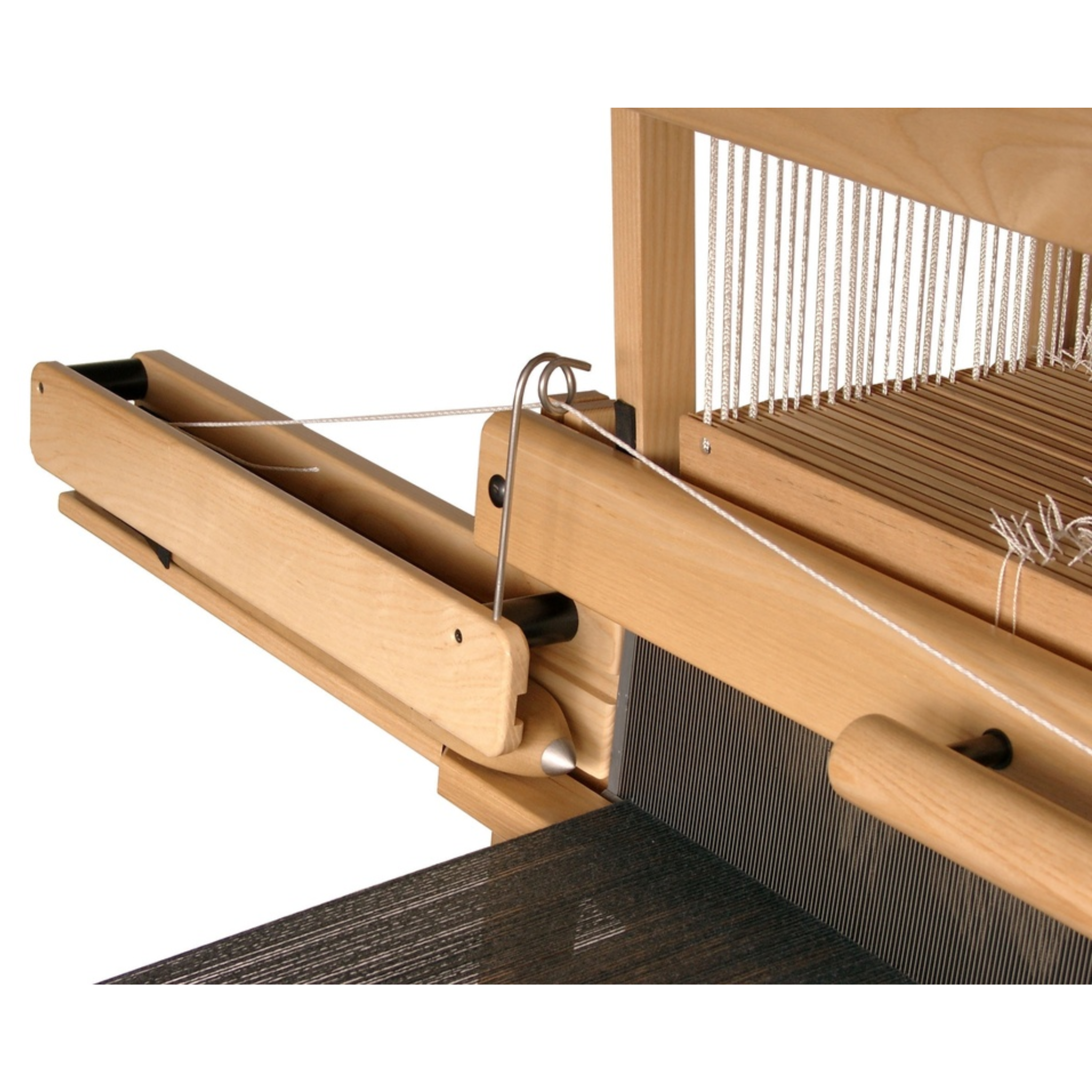 Louet Fly Shuttle Device on loom beater with cord system and shuttle track – ergonomic weaving upgrade for Delta and Megado looms.