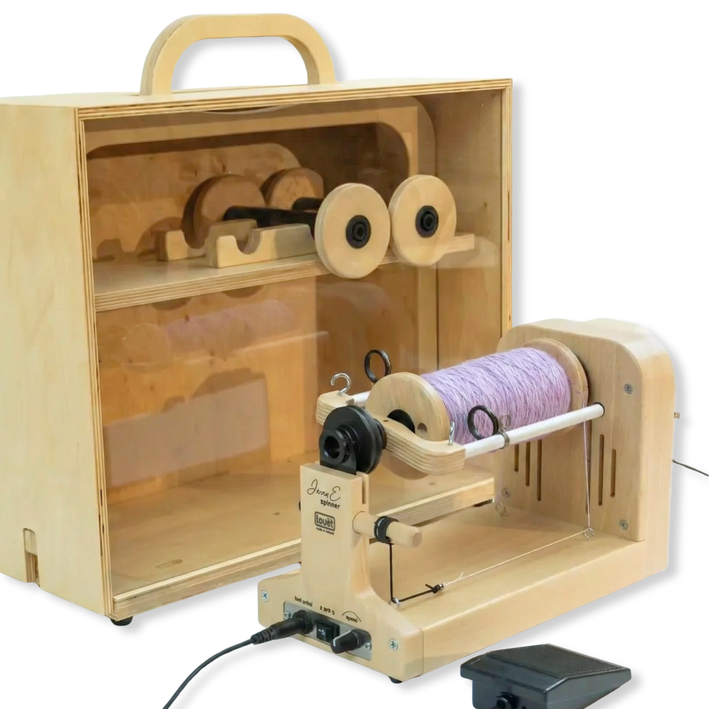 Louet Jenn-E E-Spinner with wooden carrying case and a bobbin of freshly spun lavender yarn.