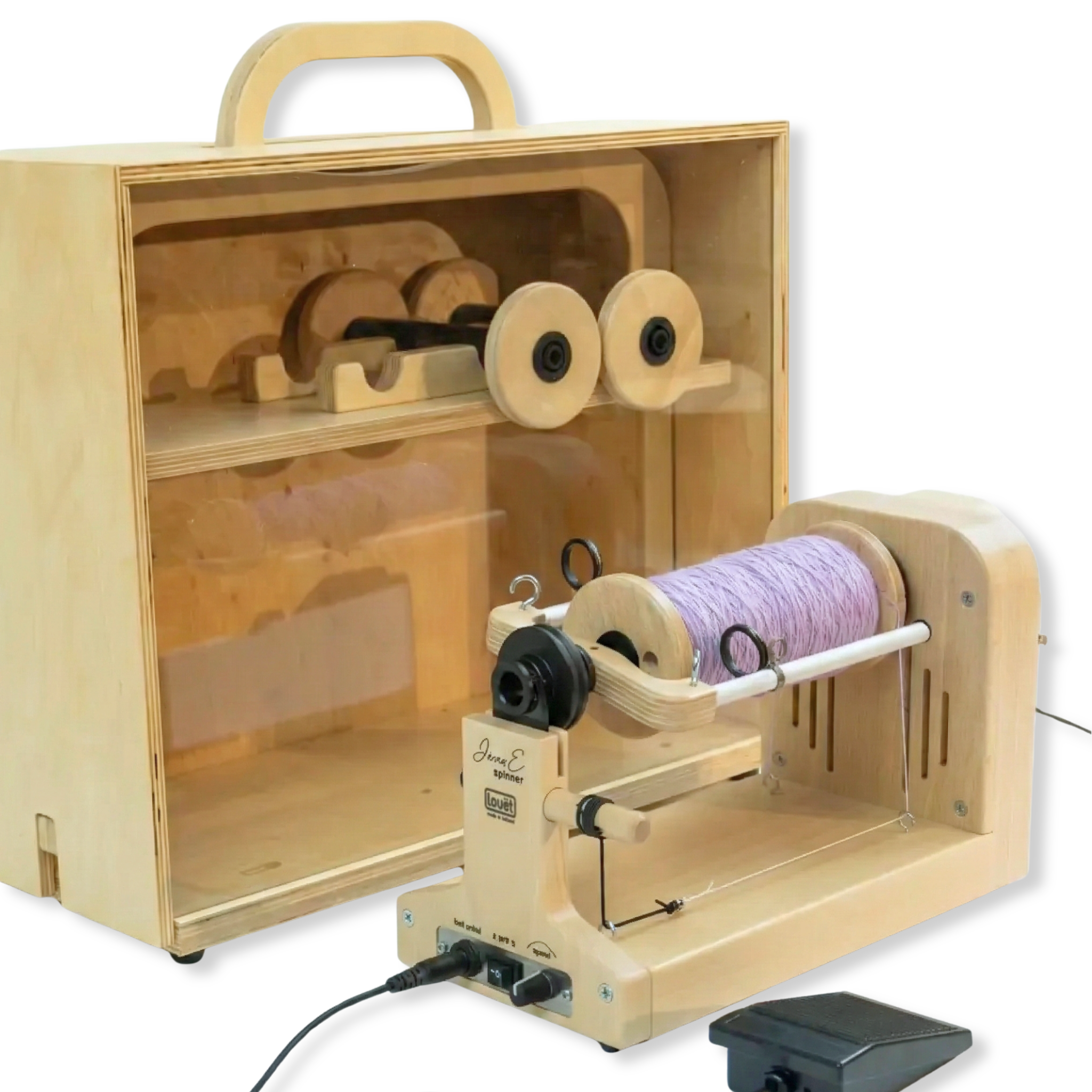 Louet Jenn-E E-Spinner with wooden carrying case and a bobbin of freshly spun lavender yarn.