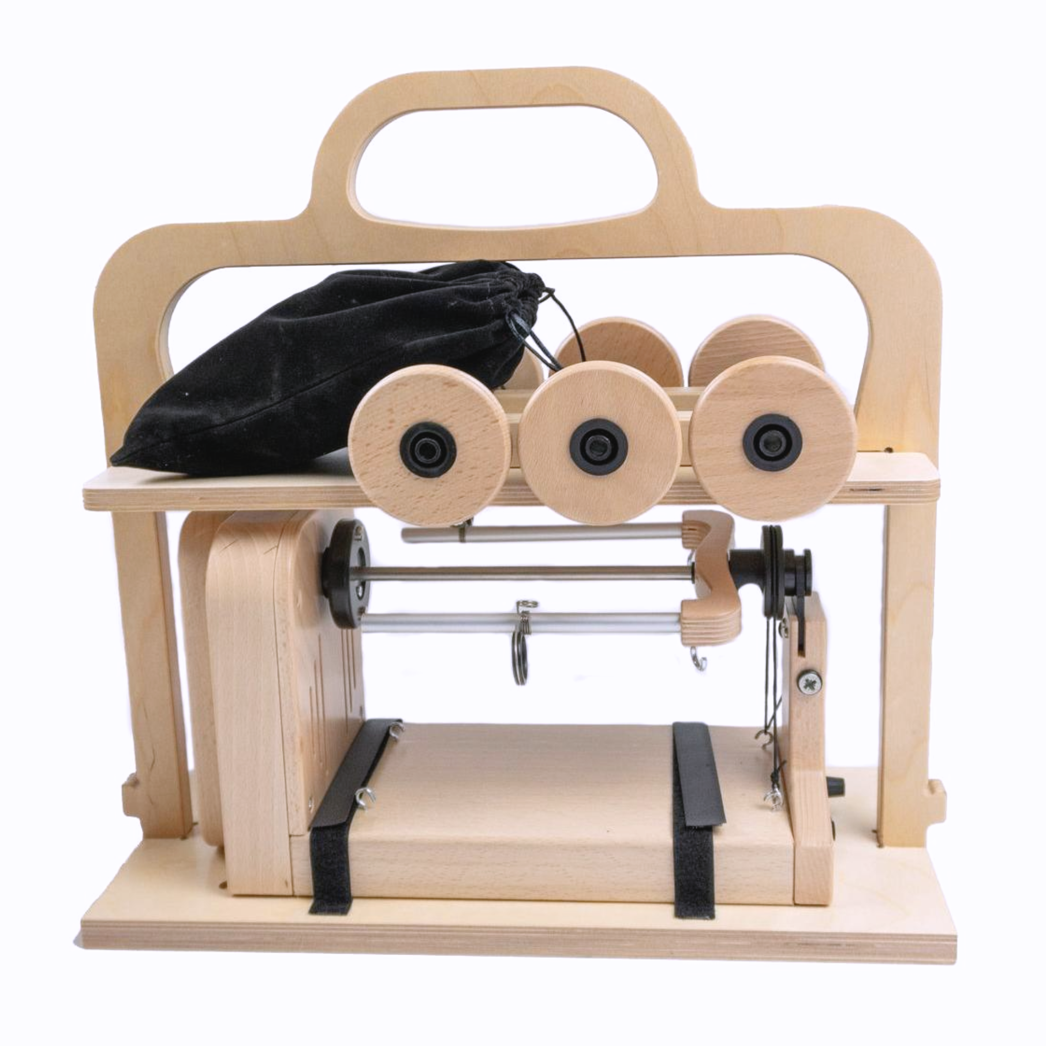 Louet Jenn-E Electric Spinning Wheel with three bobbins, lazy kate, and accessories displayed for easy organization. Compact and portable design ideal for traveling and efficient storage.