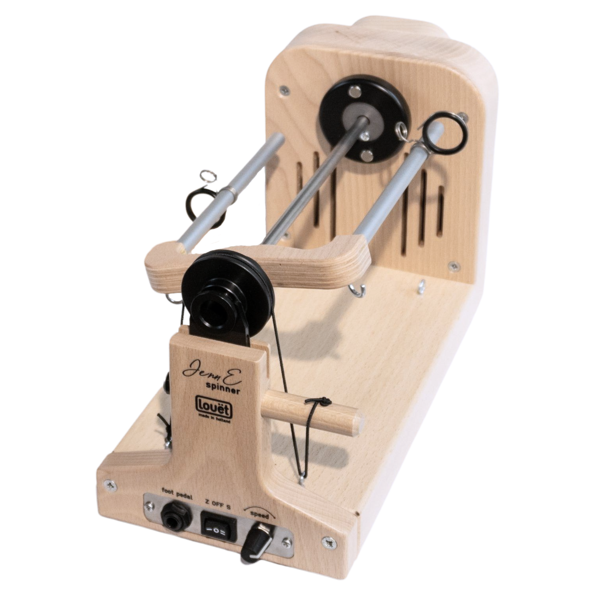 Front view of the Louet Jenn-E Electric Spinning Wheel featuring its compact design, magnetic bobbin setup, and variable speed control. Perfect for portable and versatile hand spinning with innovative features for modern fiber artists.