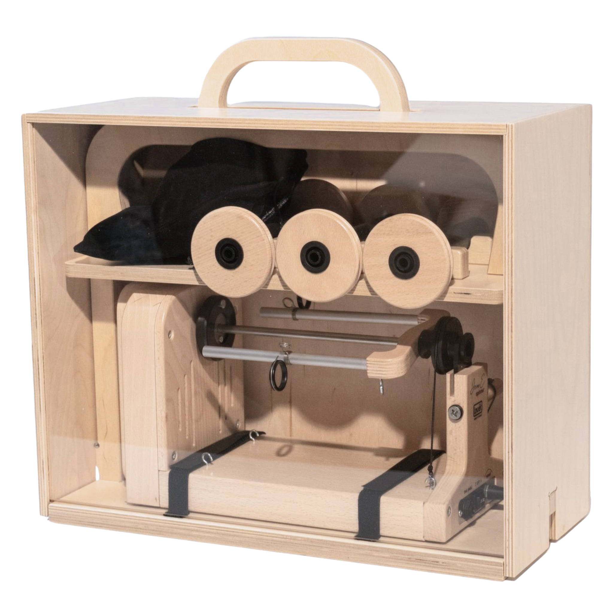 Louet Jenn-E Electric Spinning Wheel securely packed in its beechwood carrying case with three bobbins, lazy kate, and accessories. Portable design ideal for traveling spinners and compact storage solutions.