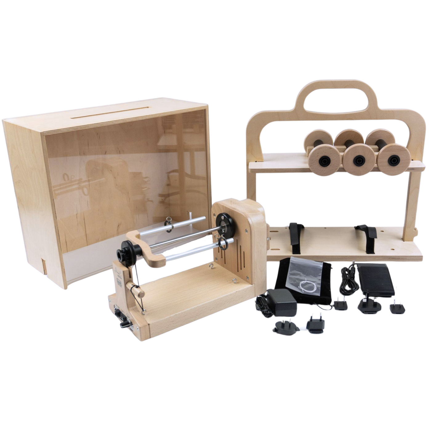 Louet Jenn-E Electric Spinning Wheel Kit with wood carrying case, lazy kate, three bobbins, power adapters, and foot pedal. Compact and portable spinning wheel with variable speed and Scotch/Irish tension systems for versatile spinning.