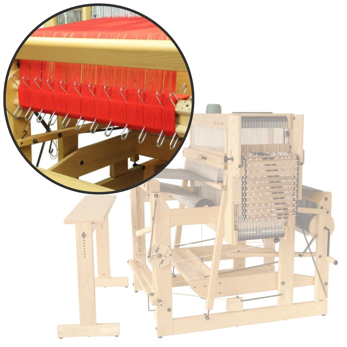 Louet Megado floor loom fitted with second warp beam accessory, enabling differential tension for complex multi-layer weaving.