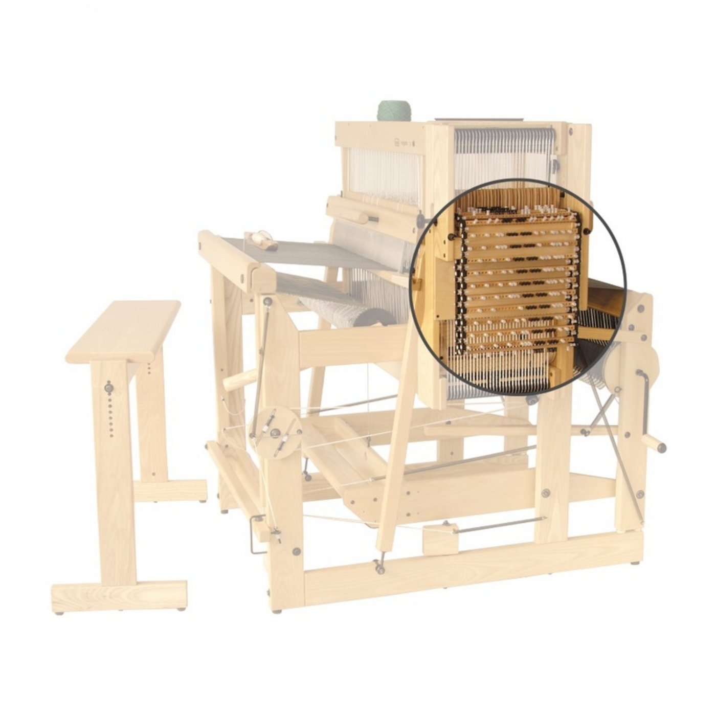 Louet Megado Mechanical Dobby Head with program bars installed on multi-shaft floor loom, showing peg and bar dobby system for precision weaving