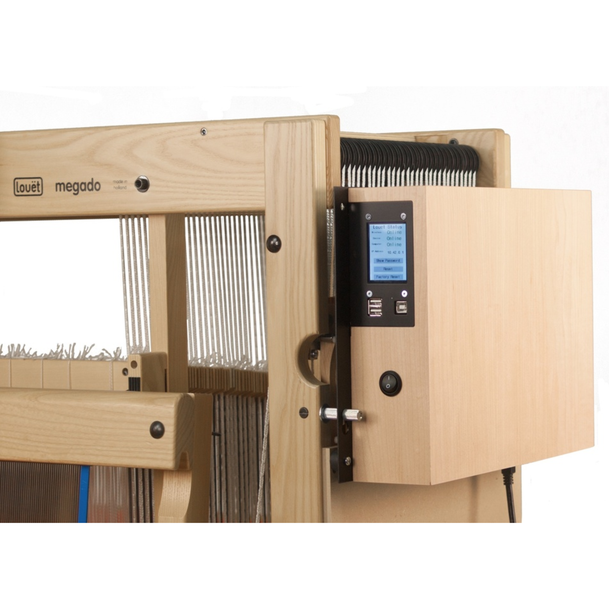 Close-up view of the Louet Megado V2 Electronic Dobby Head with digital display and wooden housing.