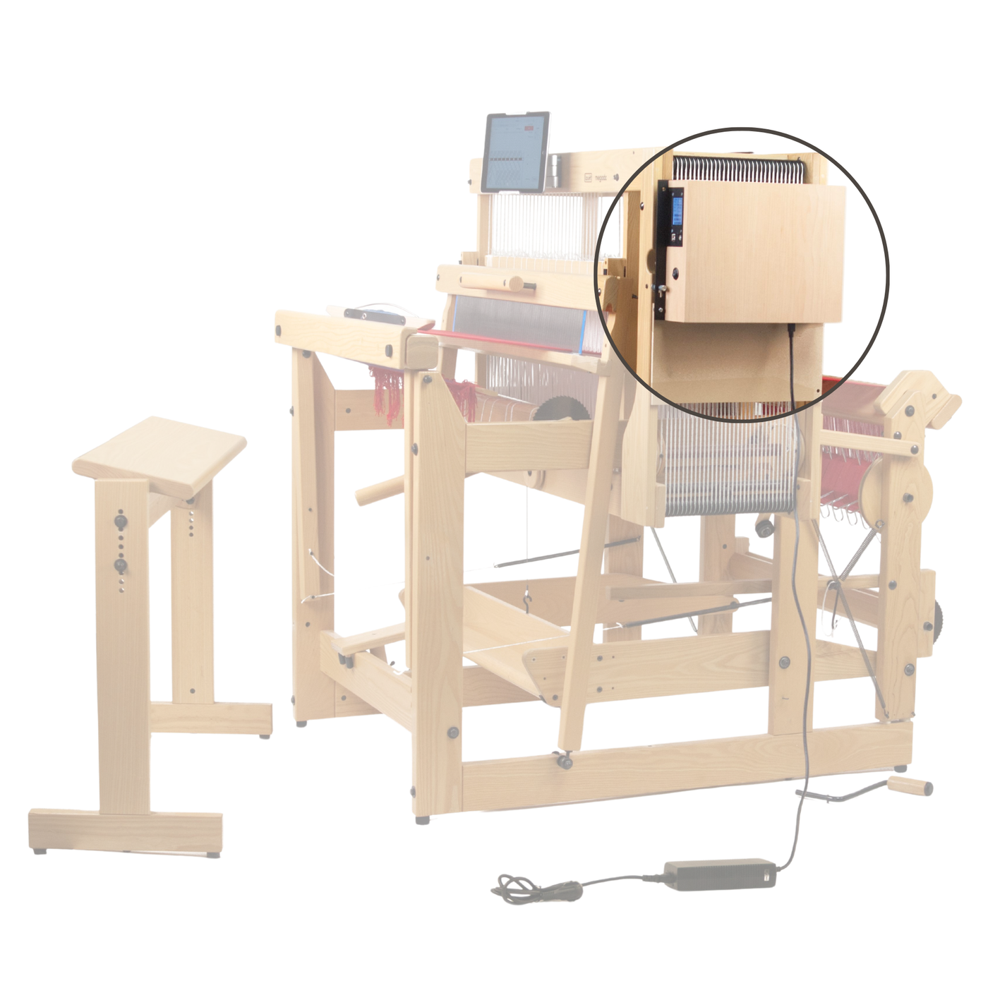 Louet Megado V2 Electronic Dobby Head mounted on Megado floor loom with tablet control interface.