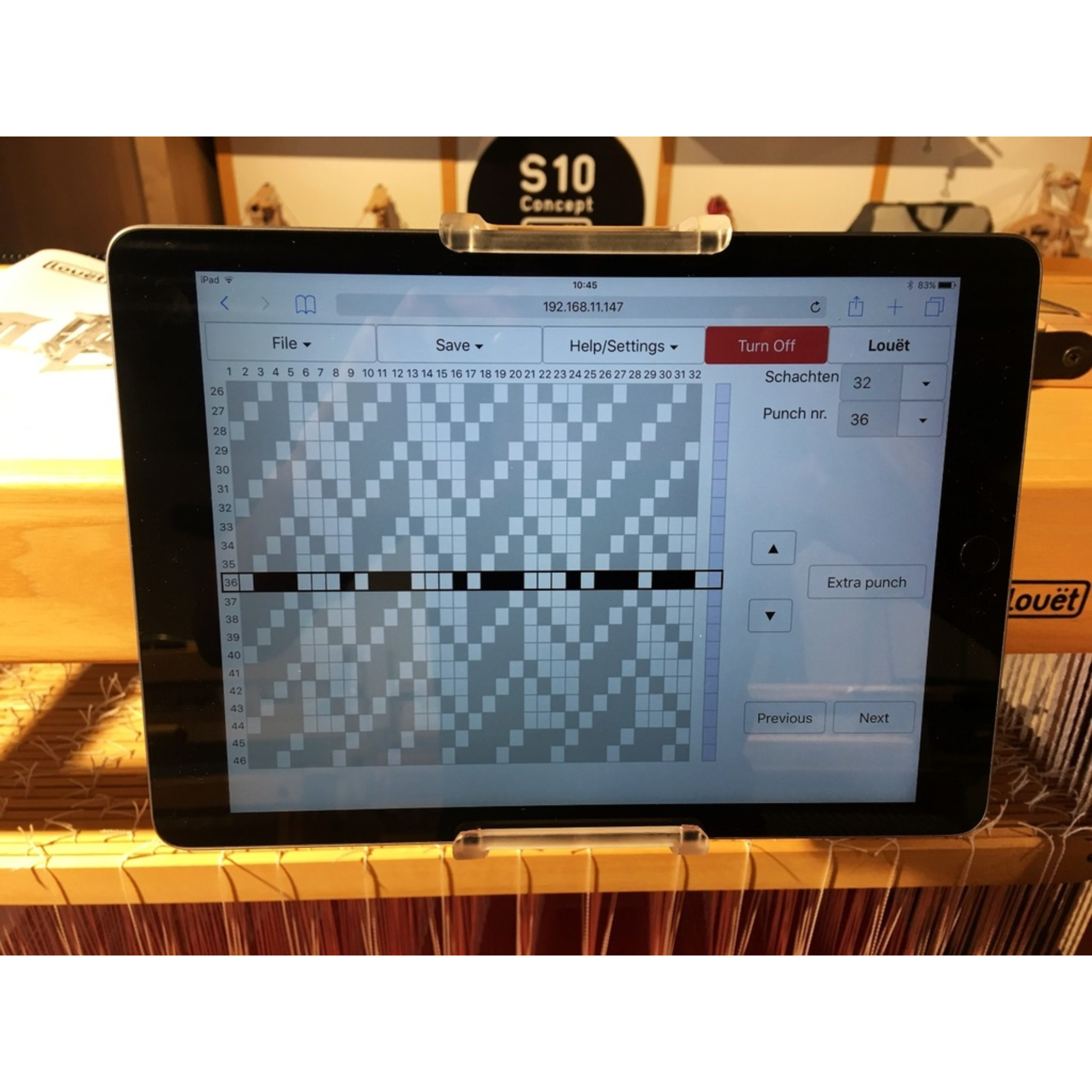 Louet Megado V2 Electronic Dobby Head software interface on tablet displaying WIF weaving draft.