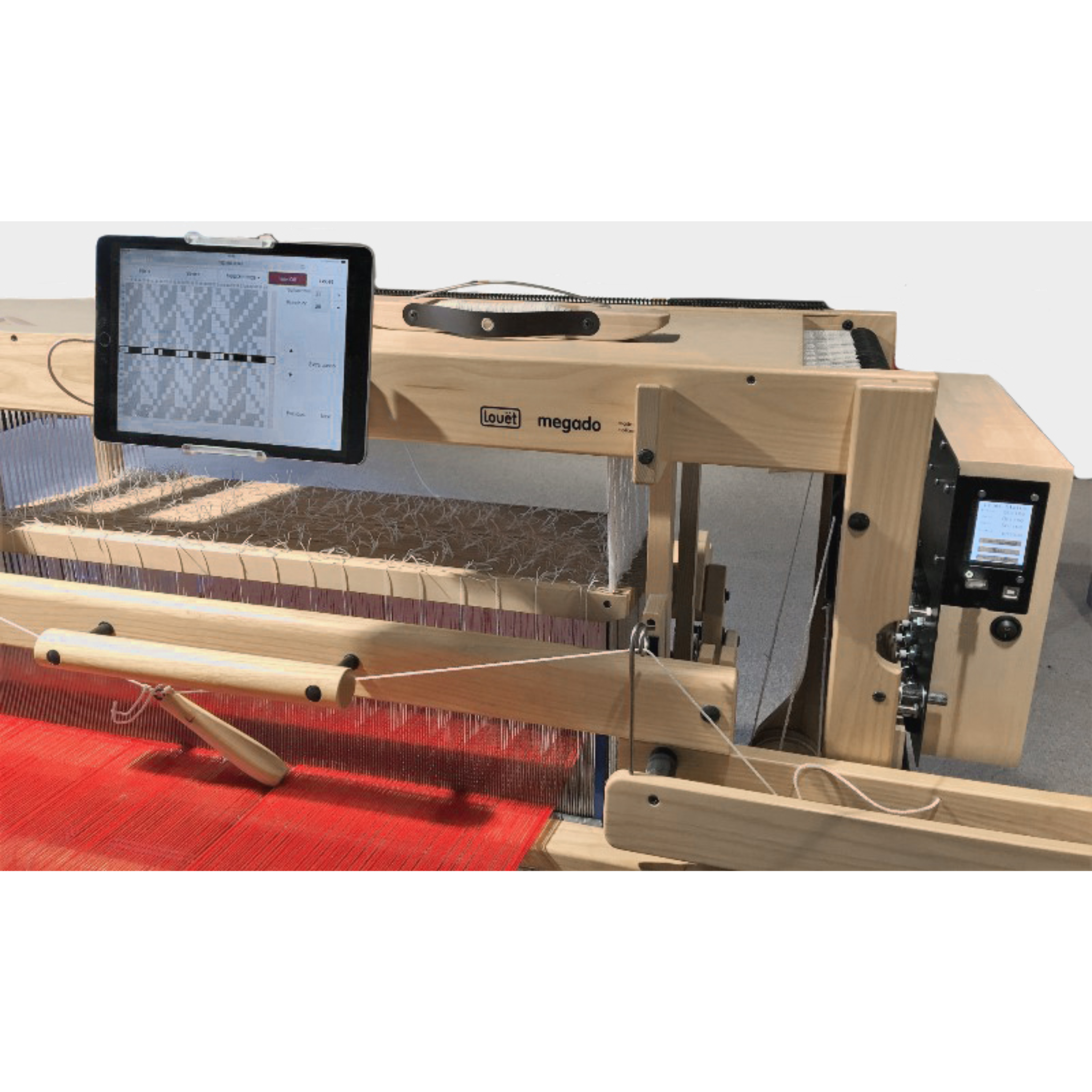Louet Megado V2 Electronic Dobby Head connected to tablet showing weave draft on loom.