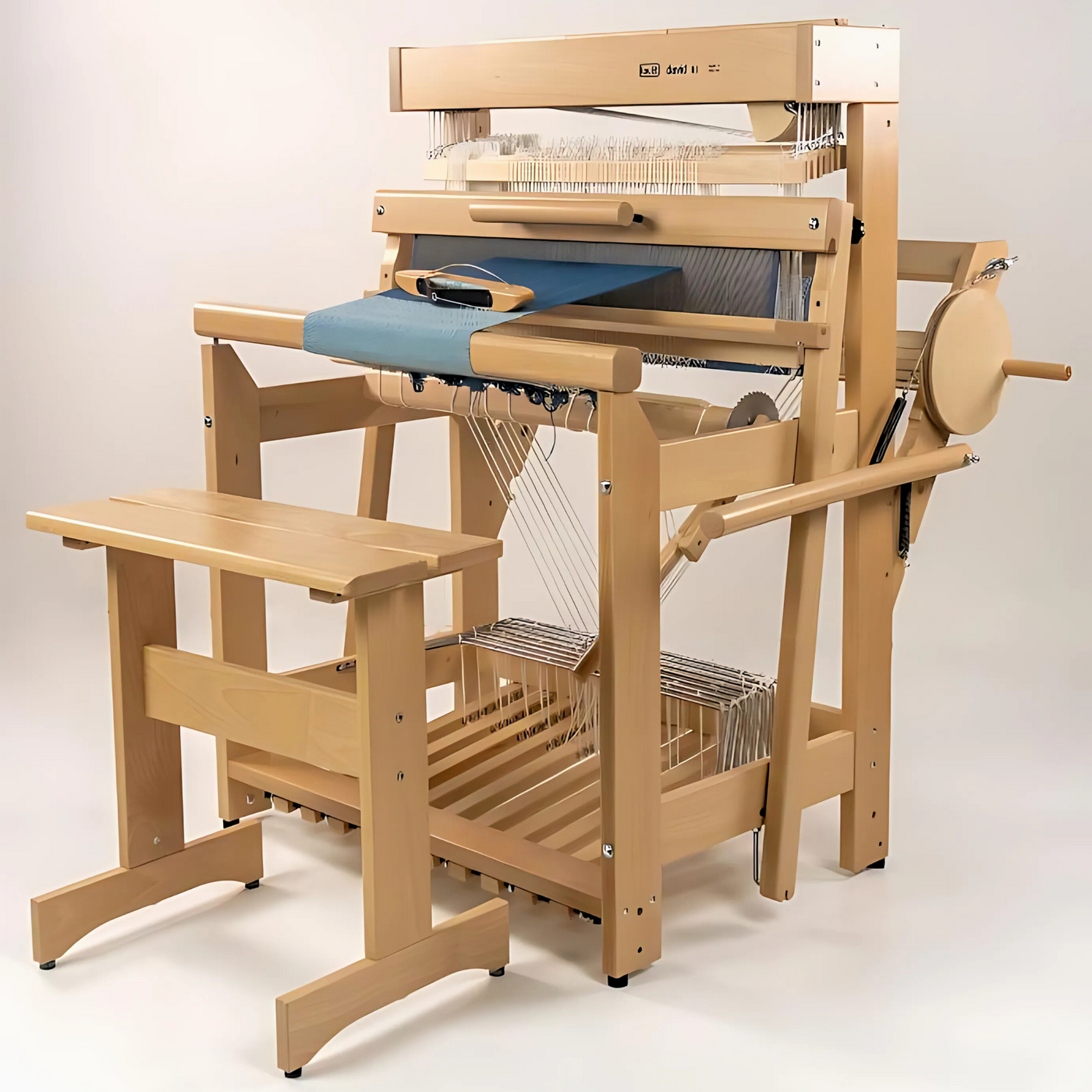 Full front‑left view of the Louet David III eight‑shaft floor loom with matching bench and ready‑to‑weave warp.
