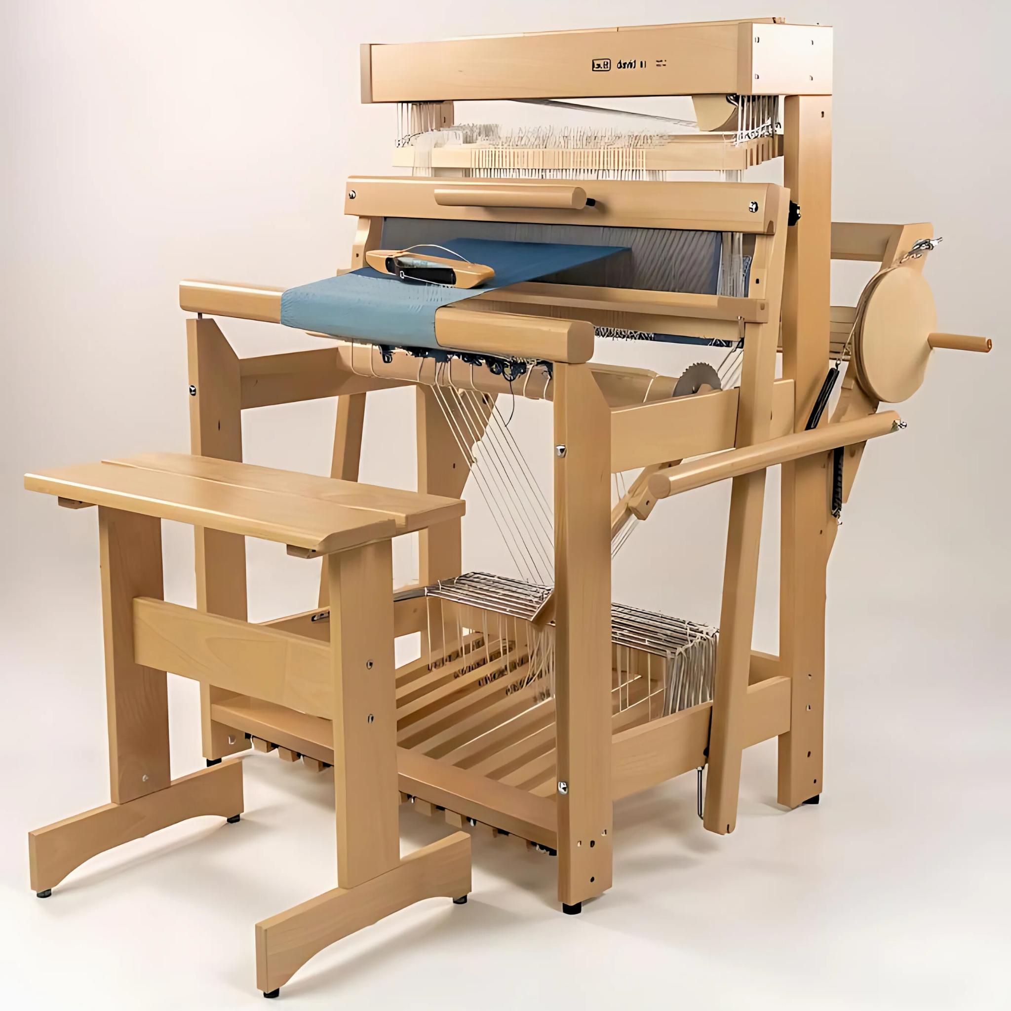 Full front‑left view of the Louet David III eight‑shaft floor loom with matching bench and ready‑to‑weave warp.