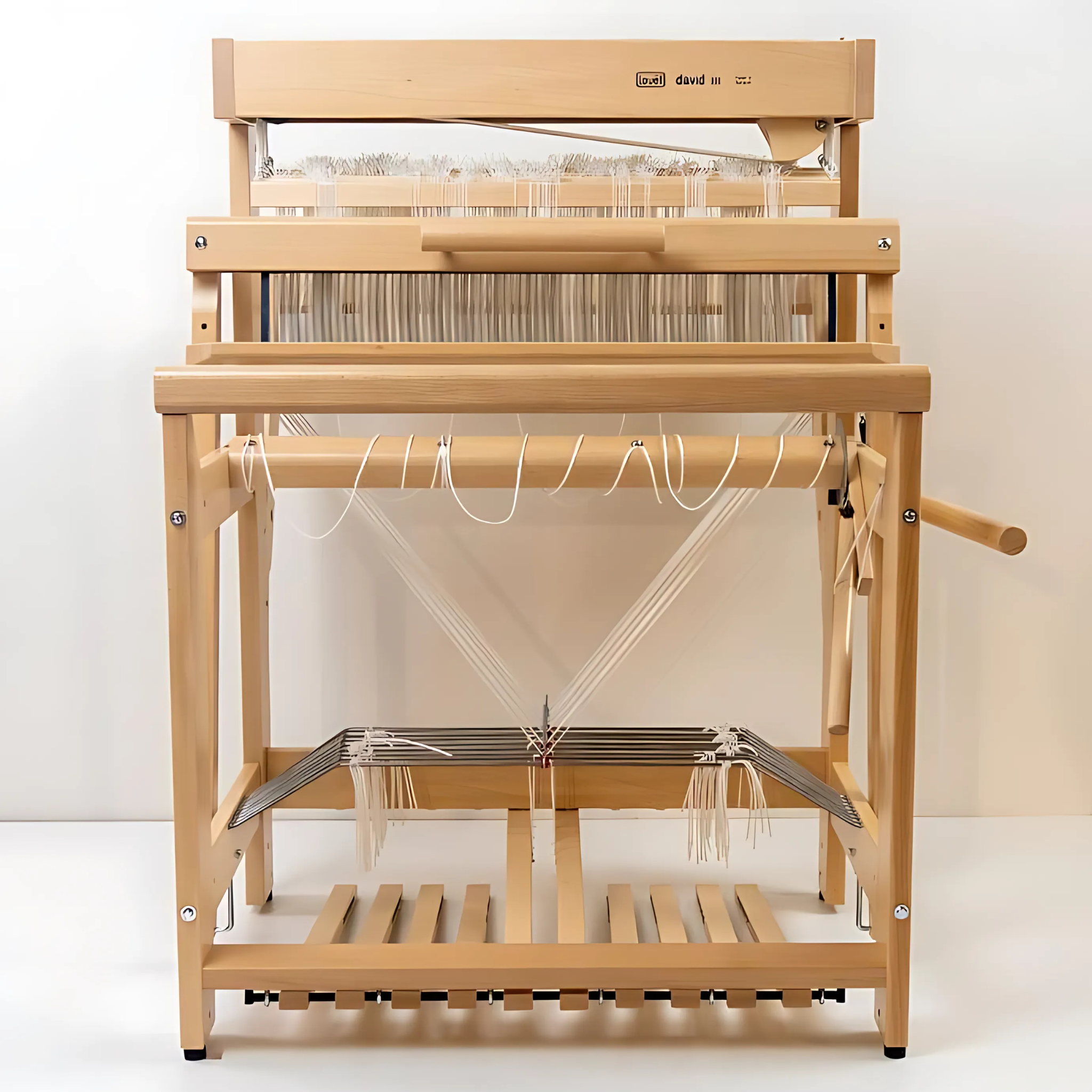 Straight‑on front view of the Louet David III loom displaying ten treadles, harnesses, and integrated raddle.
