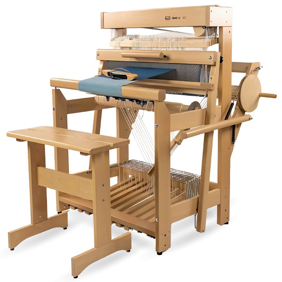Side‑angle photo of the Louet David III loom and bench, showing the compact frame and breast beam height.