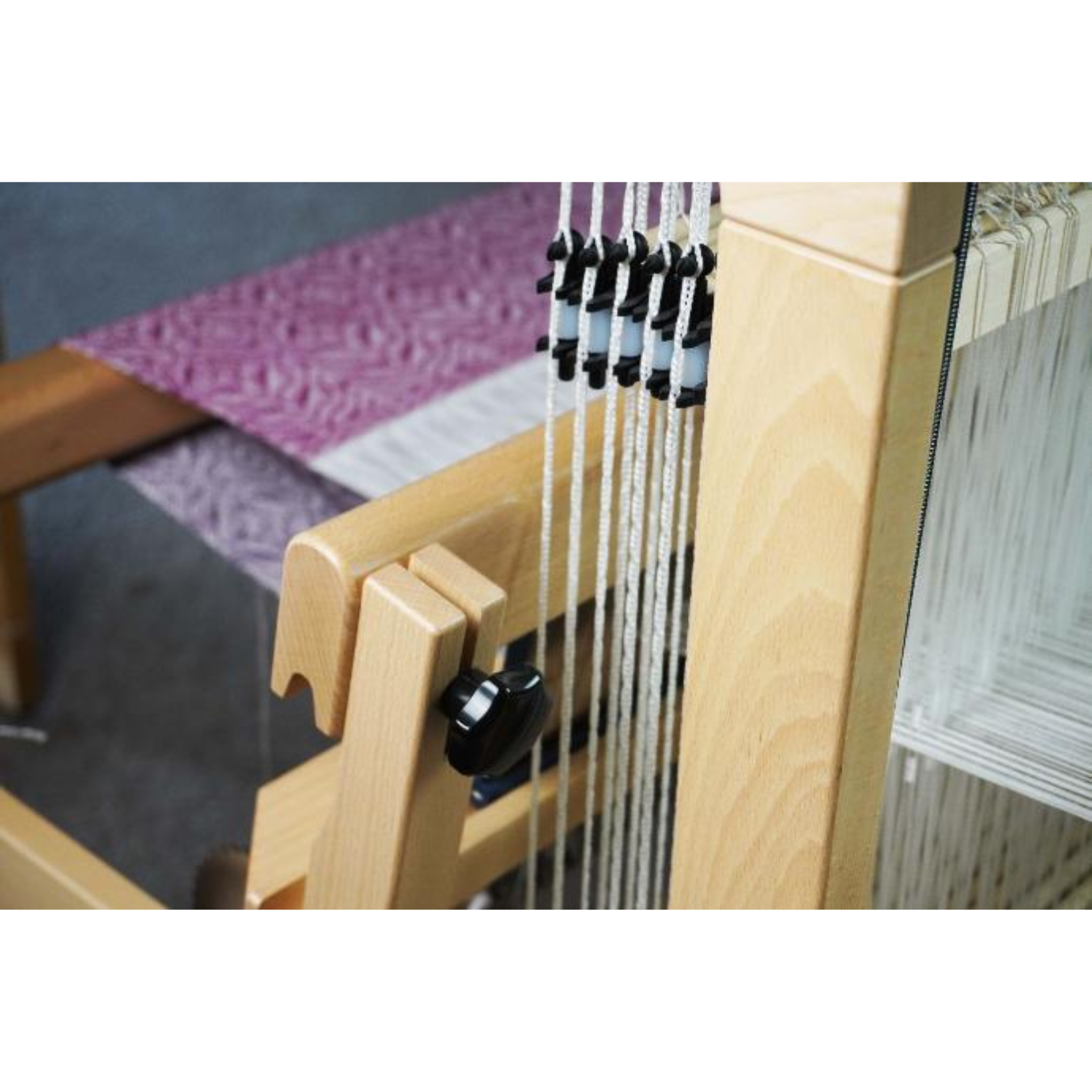 Detail of Spring II shaft cords and eye pins delivering balanced shed for complex weave drafts