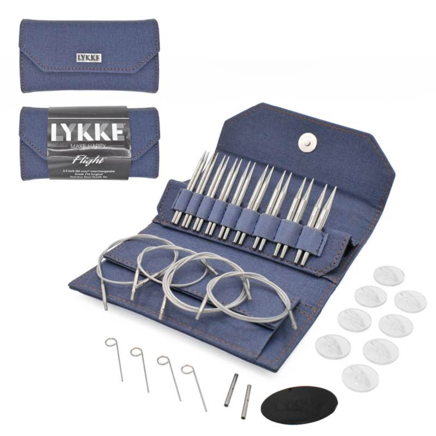 Denim waxed canvas case opened featuring Lykke 3.5" Flight Stainless Steel Interchangeable Circular Knitting Needles. Swivel cords and sharp stainless steel tips provide knitting accuracy and less fatigue. 