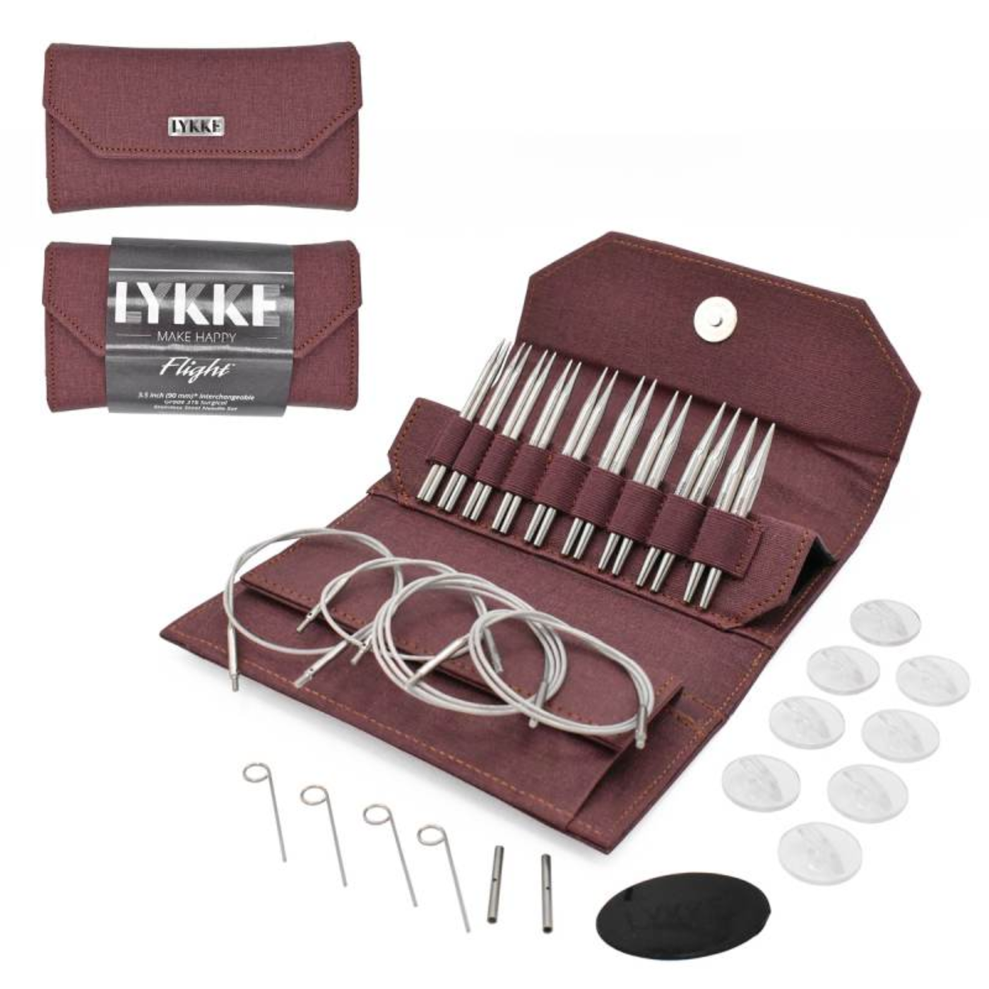 Maroon Lykke 3.5" Flight Stainless Steel Interchangeable Circular Knitting Needles with swivel cords and sharp stainless steel tips. Knit accurately with less fatigue and enjoy a button closure case to store them in.