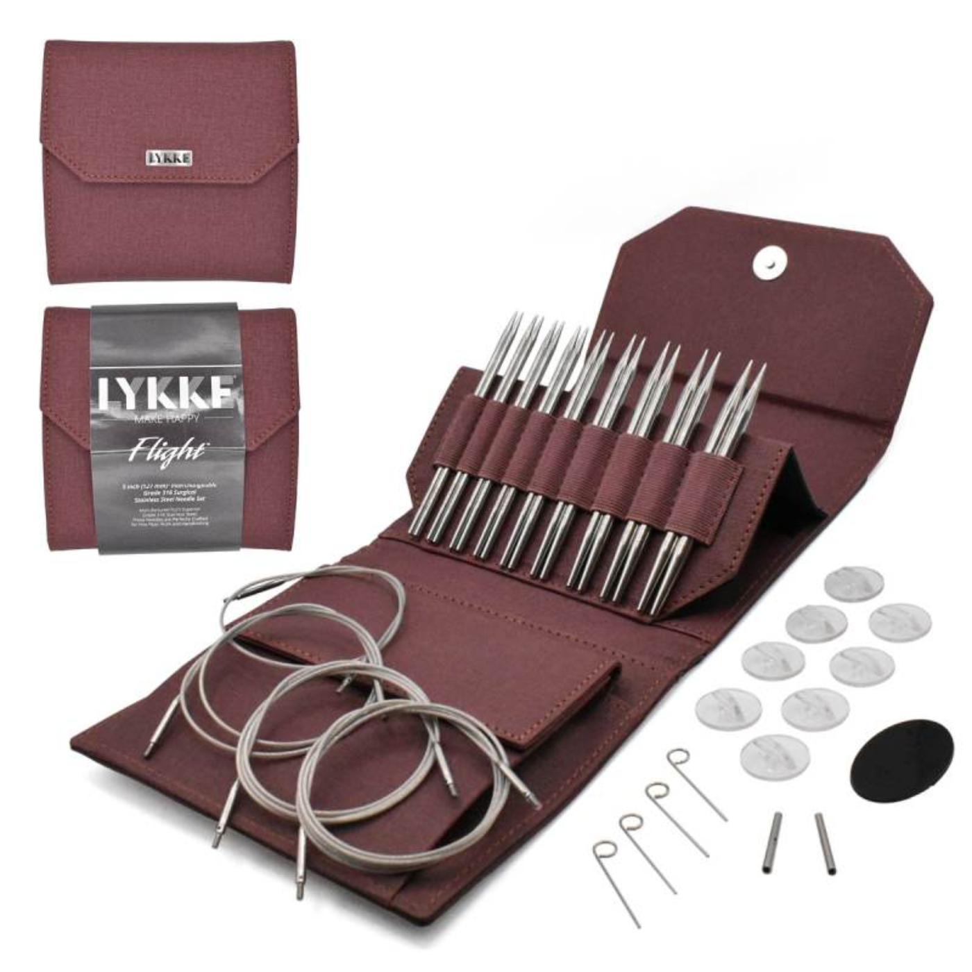 Maroon Lykke Flight Stainless Steel Interchangeable Circular Knitting Needles with swivel cords and sharp stainless steel tips. Knit accurately with less fatigue and enjoy a button closure case to store them in.