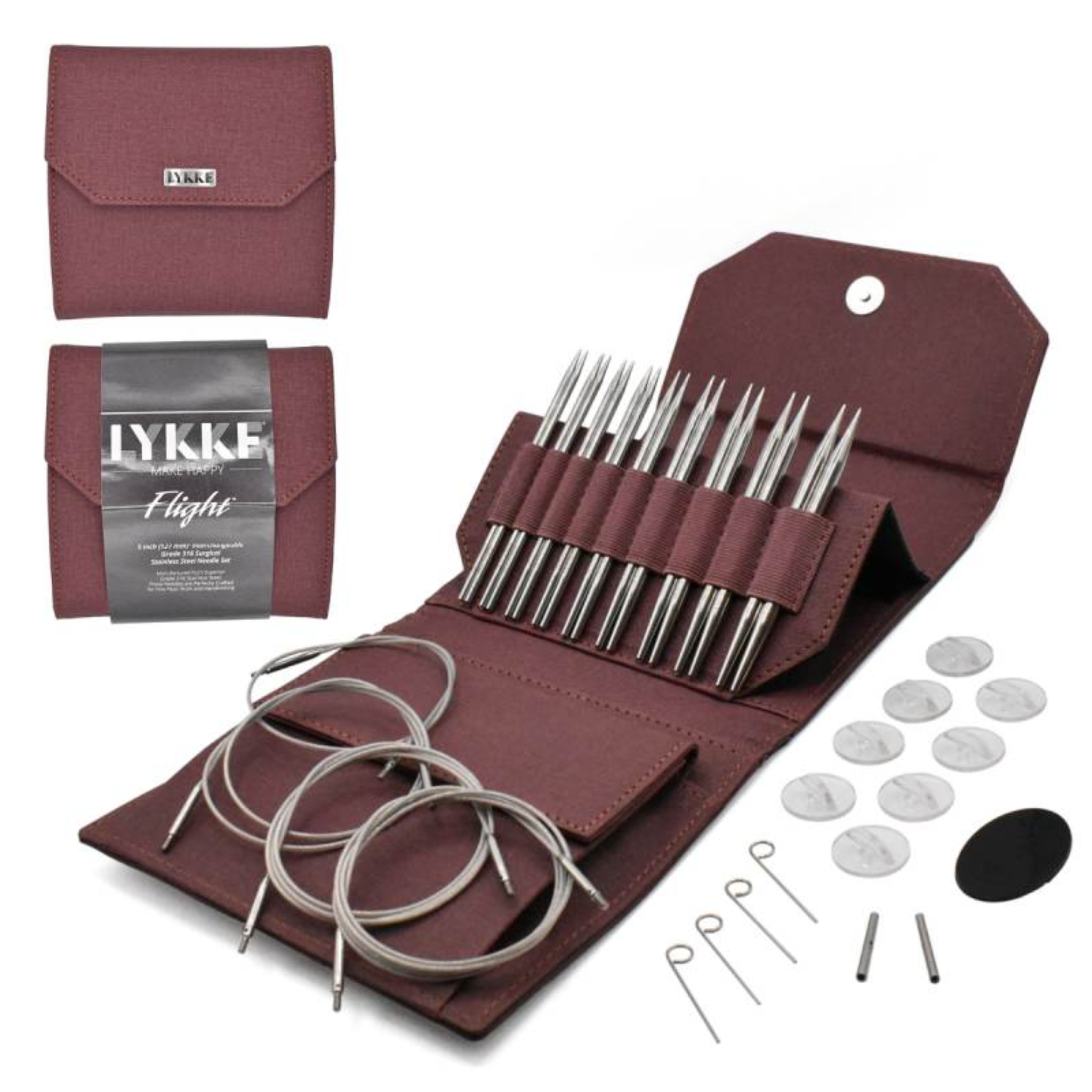 Maroon Lykke Flight Stainless Steel Interchangeable Circular Knitting Needles with swivel cords and sharp stainless steel tips. Knit accurately with less fatigue and enjoy a button closure case to store them in.