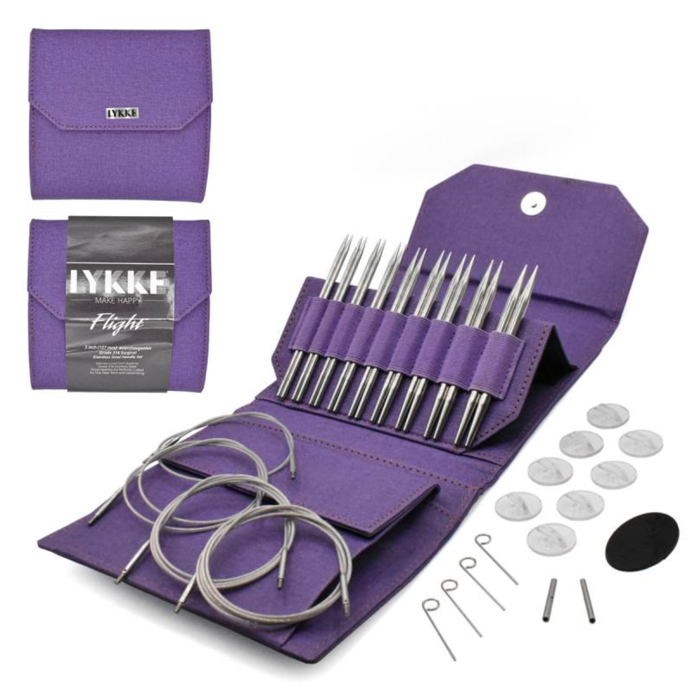 Denim waxed purple canvas case opened featuring Lykke Flight Stainless Steel Interchangeable Circular Knitting Needles. Swivel cords and sharp stainless steel tips provide knitting accuracy and less fatigue. 