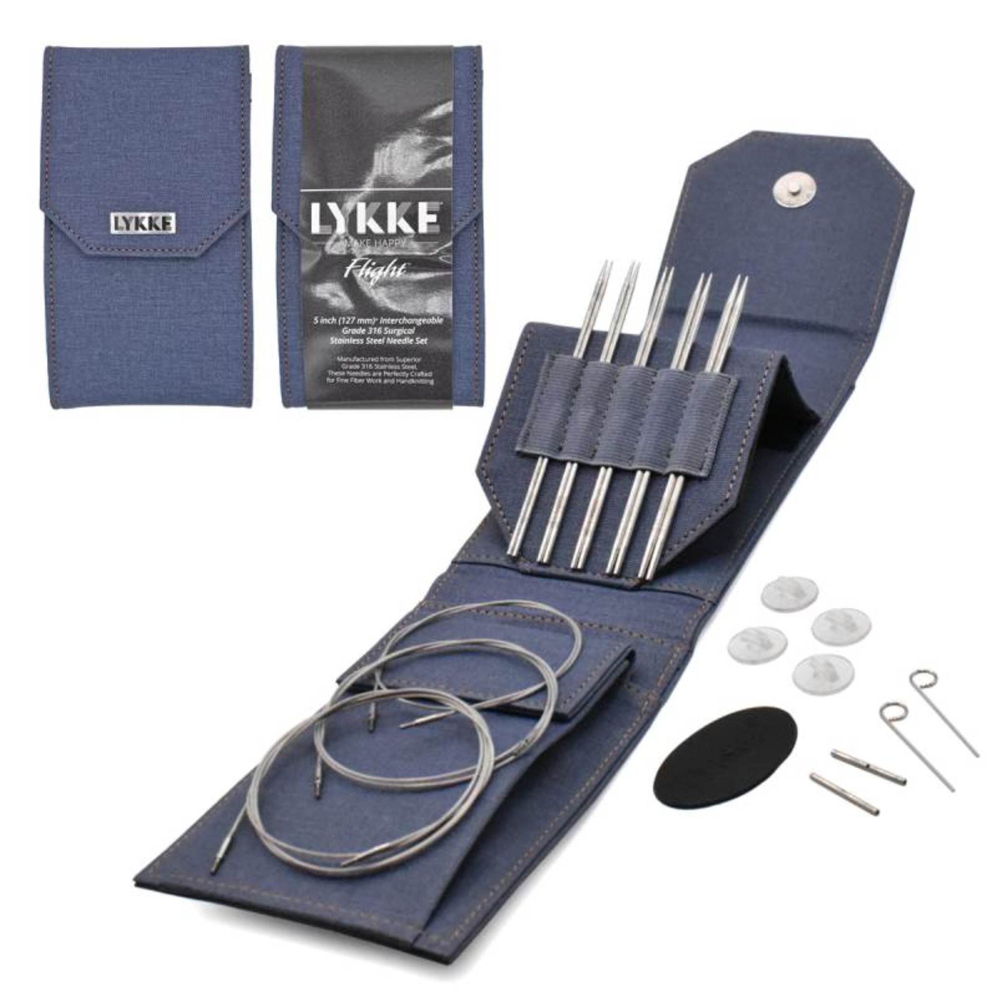 Revolution Fibers Lykke Flight Mini 5" interchangeable stainless steel knitting needle set in denim case, open to show US 0–2.5 tips, mini cords and accessories for sock and lace knitting.