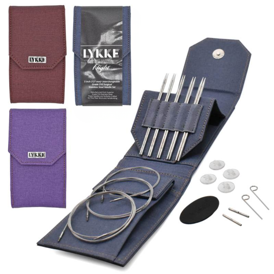 Group image of Revolution Fibers Lykke Flight Mini 5" interchangeable knitting needle sets with denim, maroon and purple cases, highlighting 5" stainless tips, low-memory cables and notions for magic loop projects.