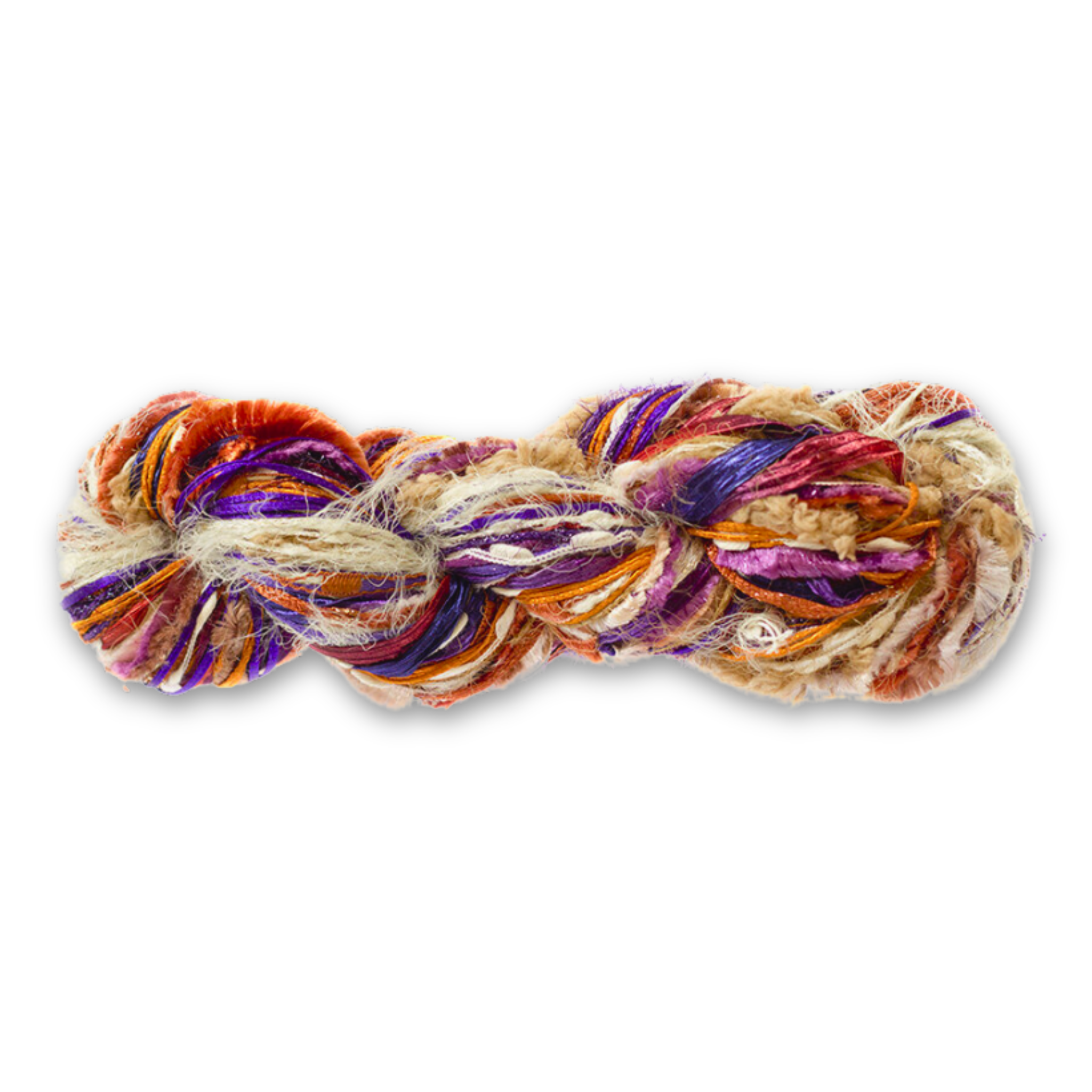 Feza Alp Premier Yarn in Meteor Glow – Color Number 431. Fiery oranges, lavender, royal blue, and warm golds with textured boucle and eyelash fibers. Novelty, multi-color, multi-texture yarn.