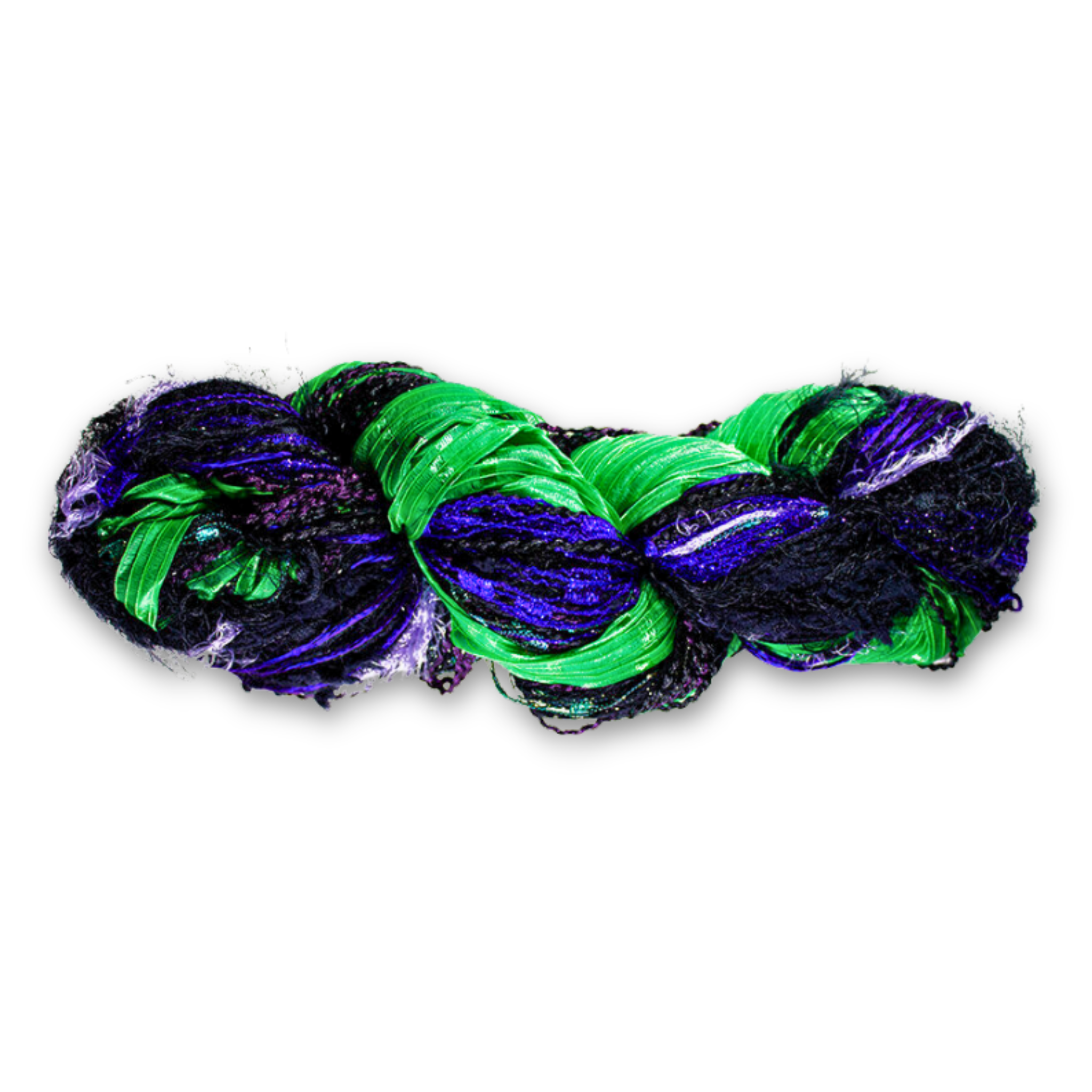 Feza Alp Premier Yarn in Midnight Meadow – Color Number 425. Lush greens, vibrant blue, and deep purples with shimmering metallic highlights and textured boucle fibers. Novelty, multi-color, multi-texture yarn.