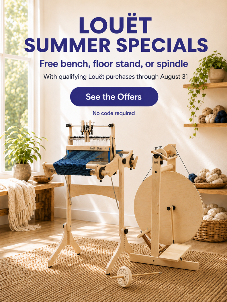 Louët summer specials with weaving loom and spinning wheel, including free accessory offers