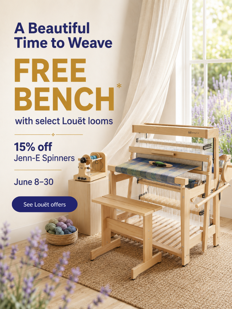 Louët summer promotion mobile banner featuring a free bench with select Louët looms and 15% off Jenn-E spinners
