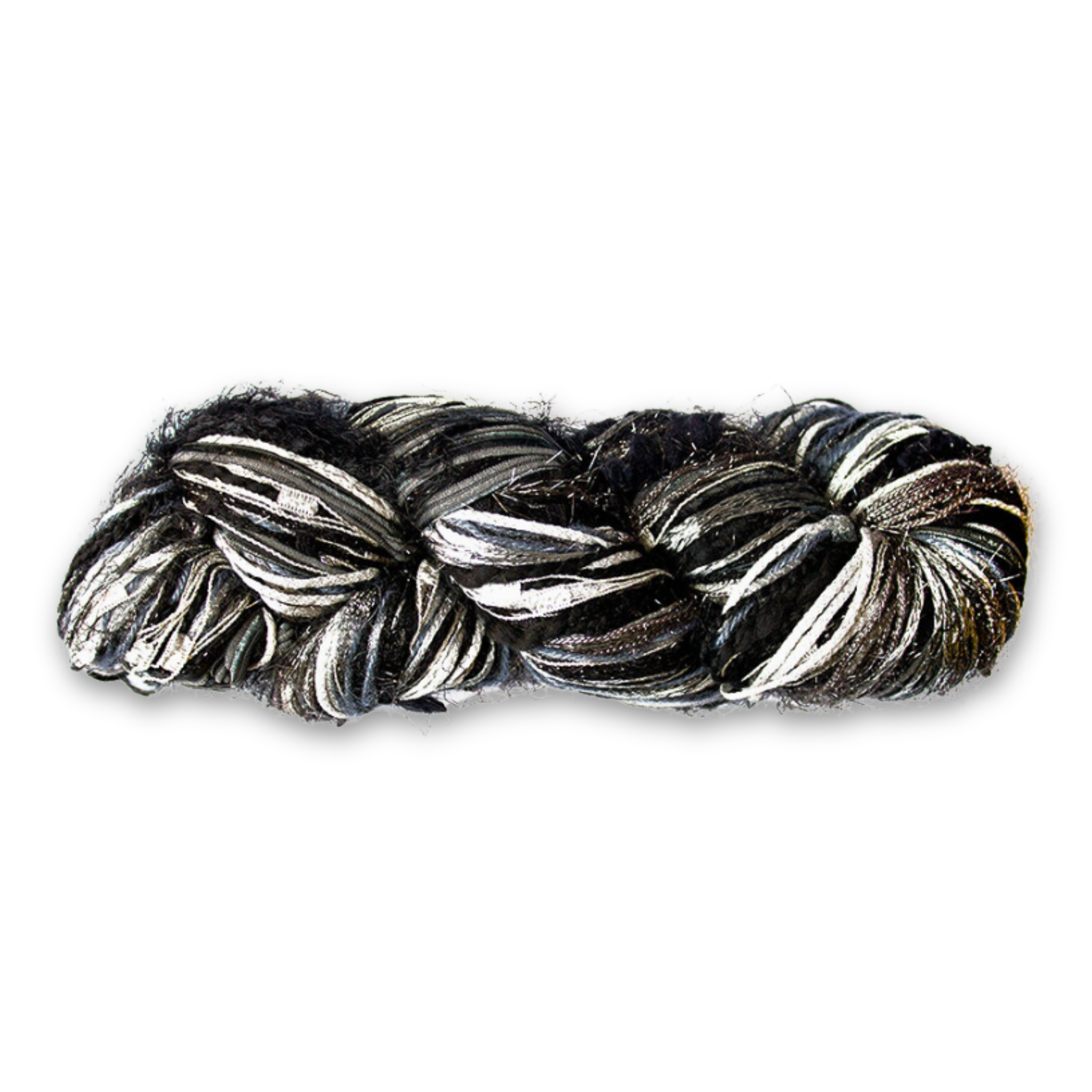 Feza Alp Premier Yarn in Obsidian Veil – Color Number 415. Black, silver, and charcoal boucle with layered metallic threads. Novelty, multi-color, multi-texture yarn.