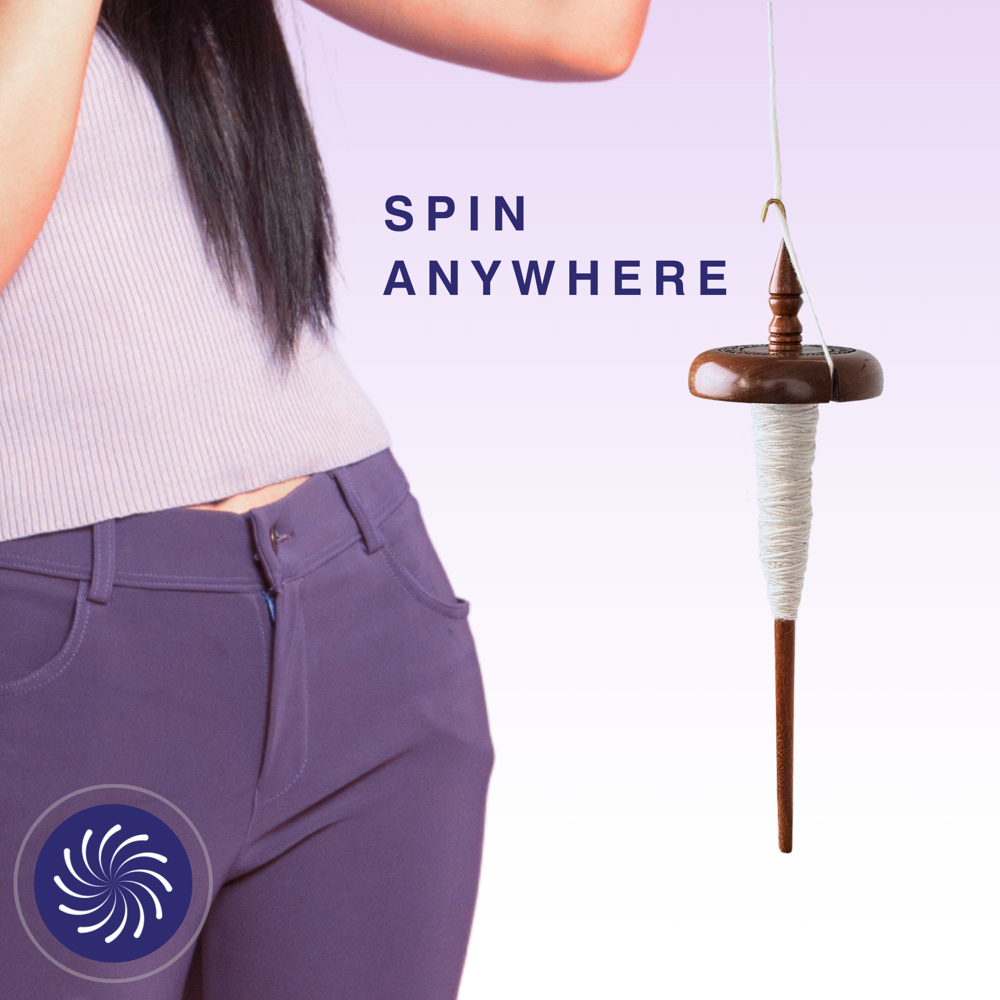 Person spinning yarn with a portable top whorl drop spindle, emphasizing its lightweight and travel-friendly design.