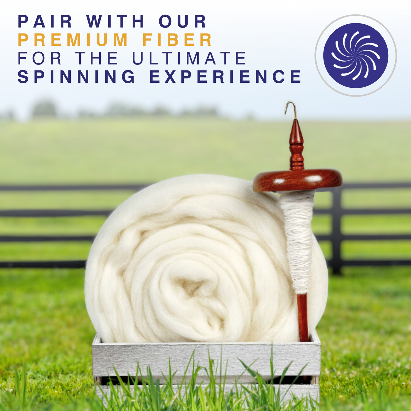 Premium white fiber roving in a wooden crate with a top whorl drop spindle, perfect for hand-spinning yarn.