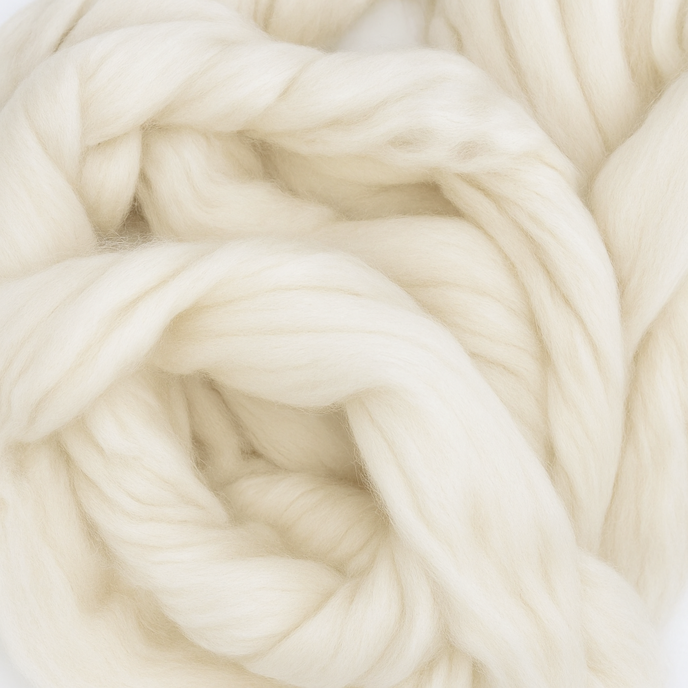 Close-up of 18.5-micron merino combed top—soft, superfine undyed fibers with gentle twist, ideal for spinning, felting, and dyeing.