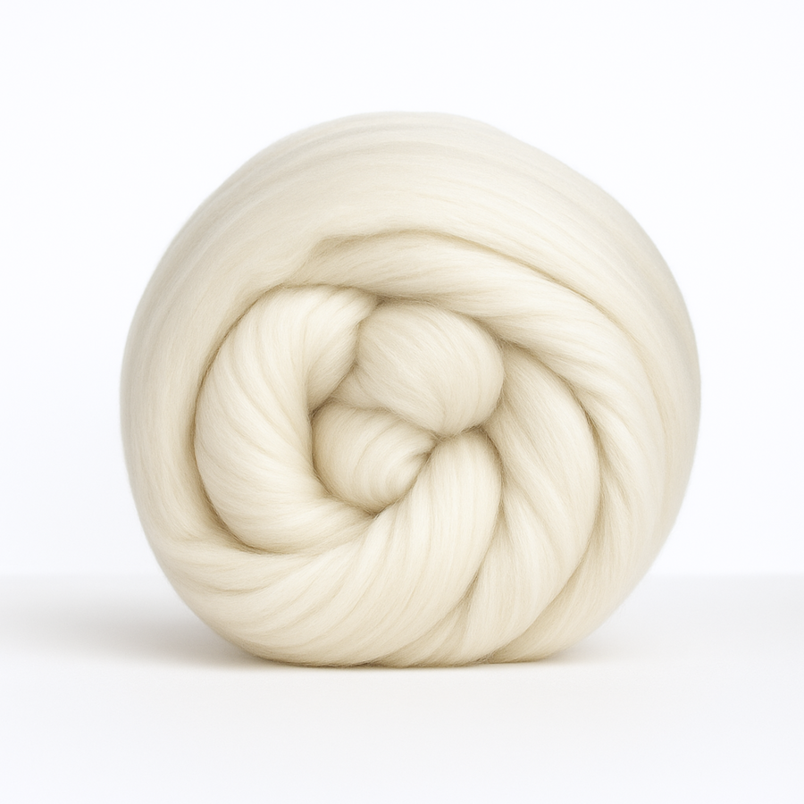 18.5-micron superfine merino combed top, undyed roving rolled into a neat coil on a clean white background.