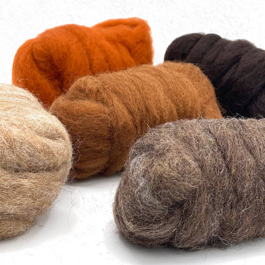 Side view of Autumn Harvest Corriedale Wool Sliver pack by Revolution Fibers, showcasing the earthy color palette for autumn-themed needle felting and fiber art.