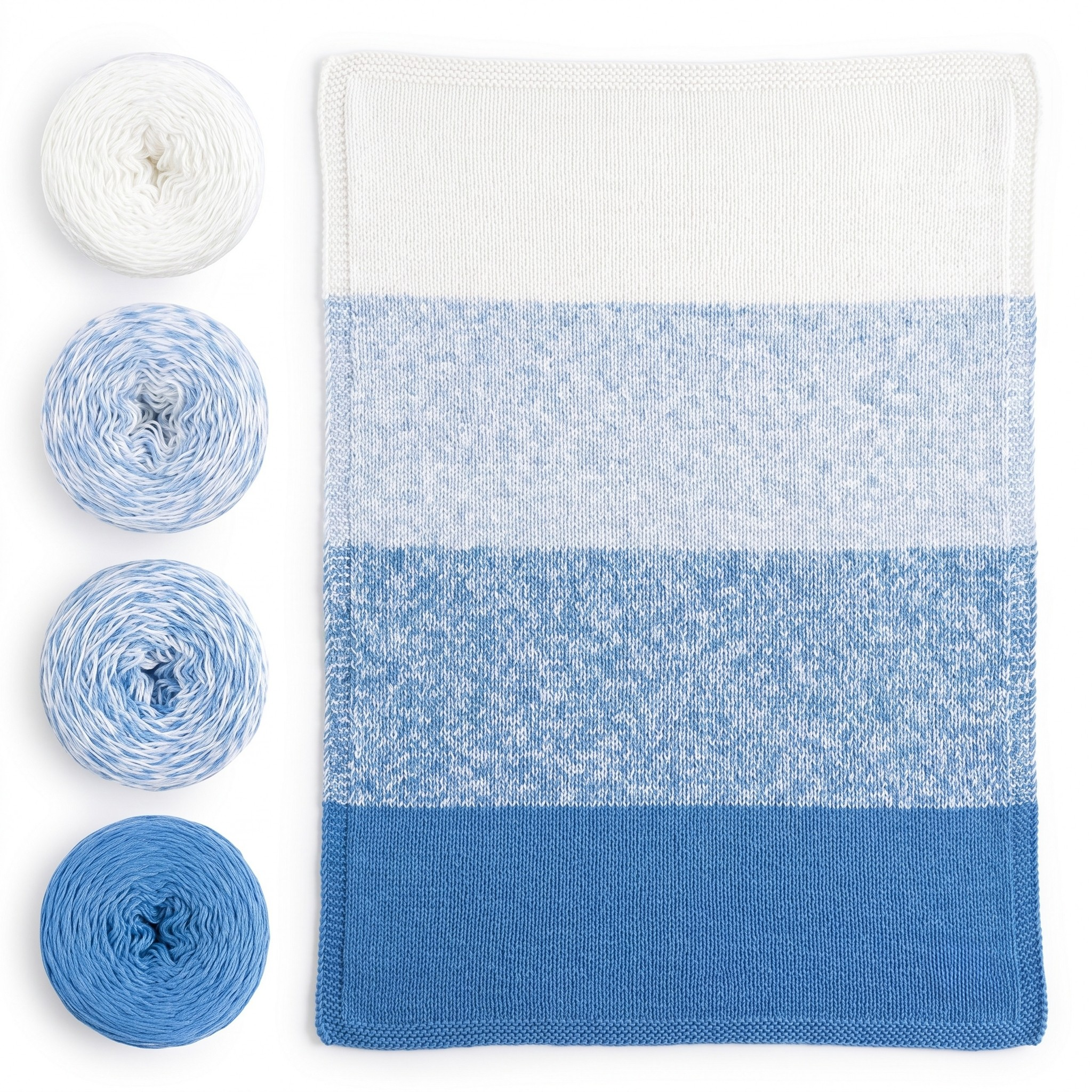 Revolution Fibers Baby Bloom Heron Lake baby blanket kit with matching blue yarn cakes and finished knit blanket.