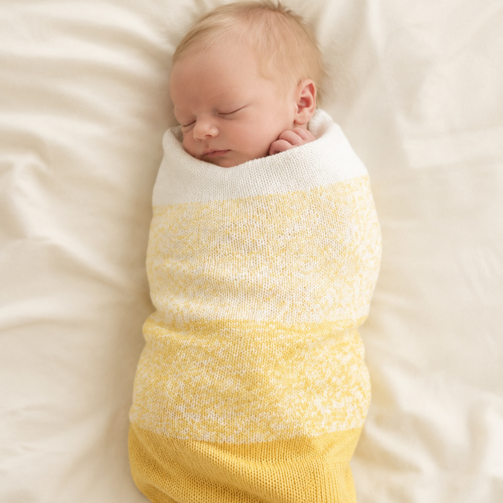 Revolution Fibers Baby Bloom Gradient Baby Blanket Kit in Honey Bees wrapped around a sleeping newborn baby.