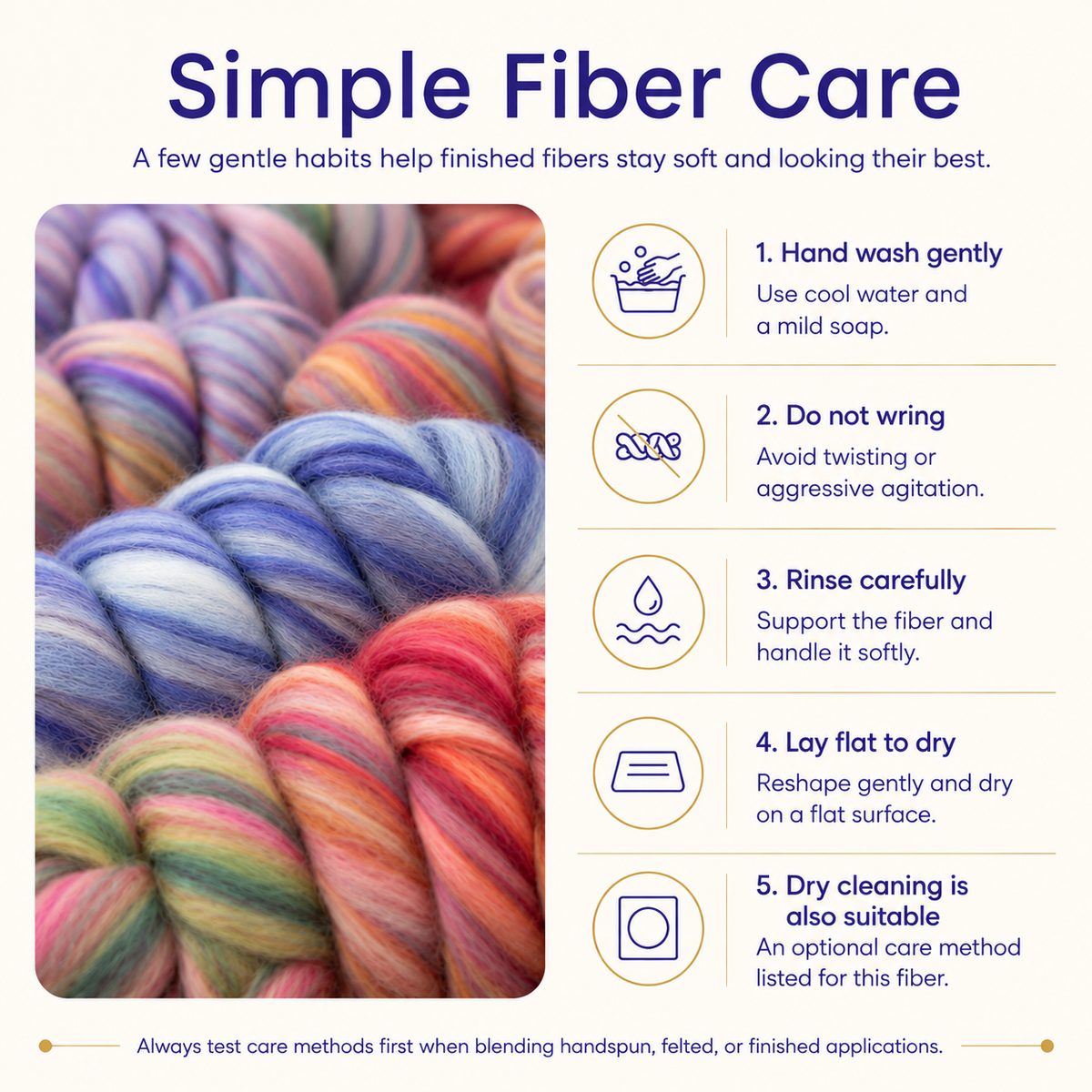 Simple fiber care guide for Revolution Fibers Bambino Range Roving, pictured with Duckle Daisy, Humpty Dumpty, Itsy Bitsy, Bonnie Bee, Twinkle Twinkle, Tweedledee, Hickory Dickory and Higgledy Piggledy.