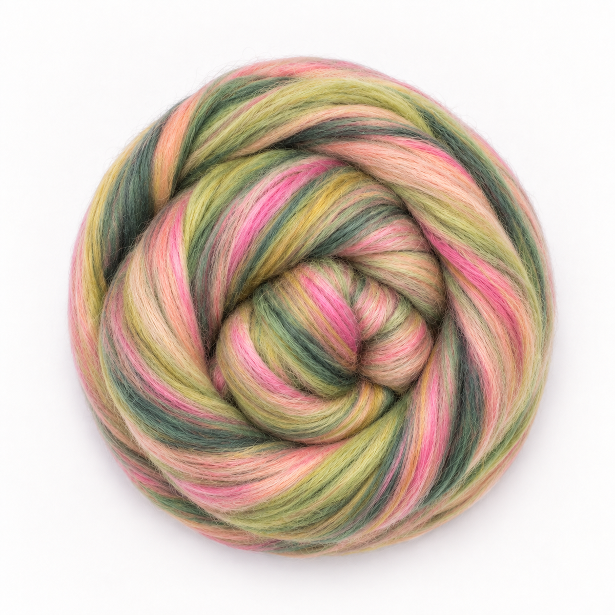 Revolution Fibers presents Bambino Range Roving in Hickory Dickory, with layered sage green, pink, peach and soft yellow fibers.