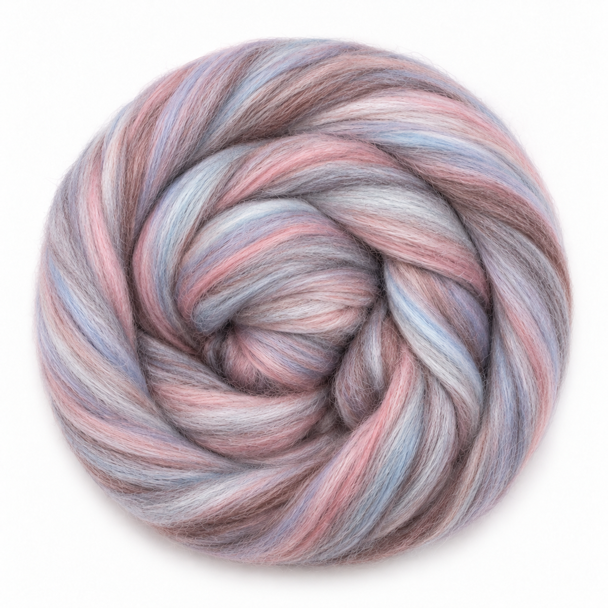 Revolution Fibers Bambino Range Roving in Humpty Dumpty, a softly blended prepared fiber top with dusty rose, pale blue, mauve and blush hues.