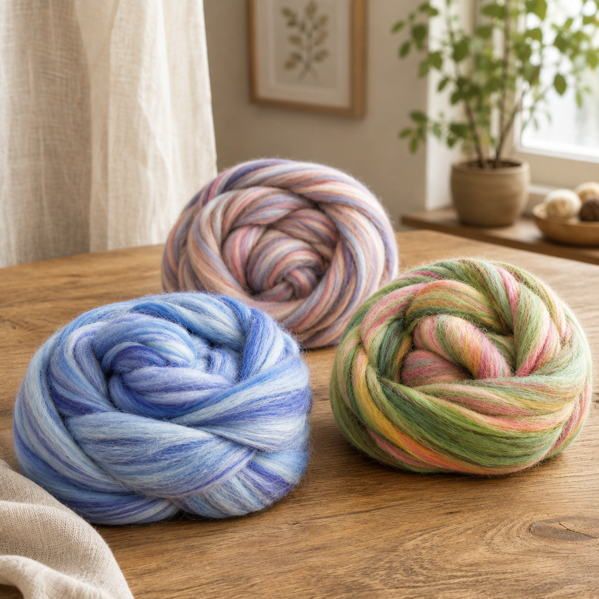 All eight Revolution Fibers Bambino Range Roving colorways gathered on a warm wooden table, including Duckle Daisy, Humpty Dumpty, Itsy Bitsy, Bonnie Bee, Twinkle Twinkle, Tweedledee, Hickory Dickory and Higgledy Piggledy.