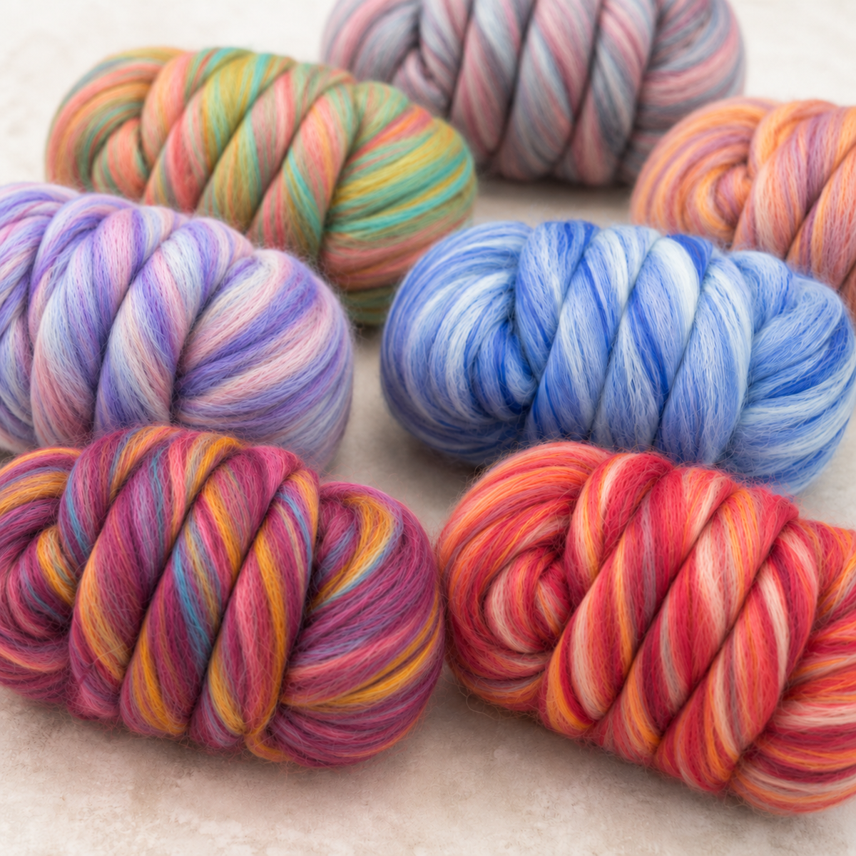 Close-up view of Revolution Fibers Bambino Variety Pack prepared fiber, highlighting the soft texture and contrasting blue, berry, coral, pastel and multicolor blends.