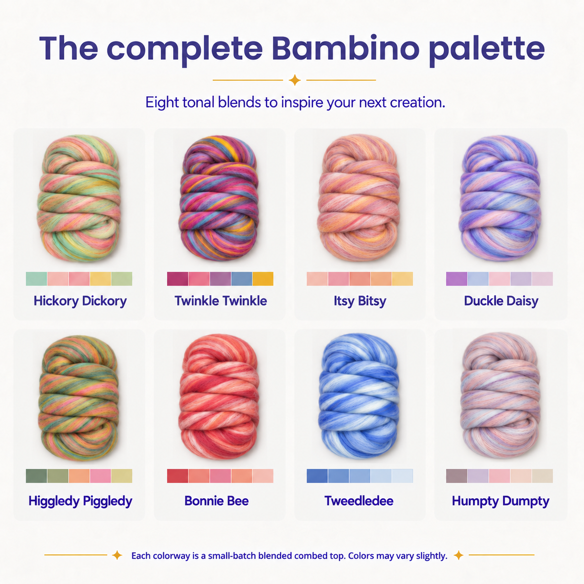 Complete color palette for the Revolution Fibers Bambino Variety Pack, showing all eight Merino wool and bamboo fiber blends with coordinating color swatches.